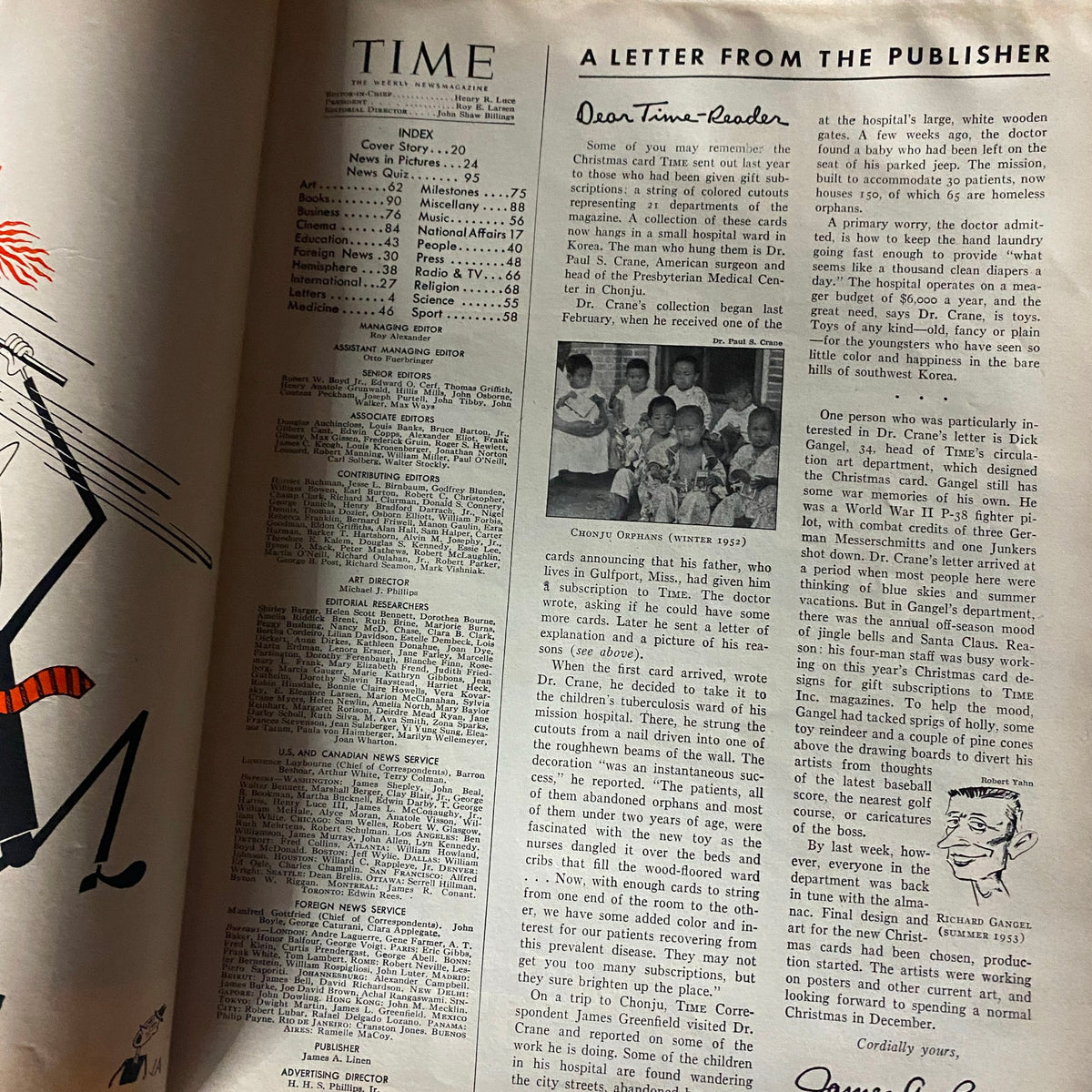 Inside page of VTG Time Magazine June 22, 1953 displaying a letter from the publisher and an index of articles including topics covered in this historical edition.