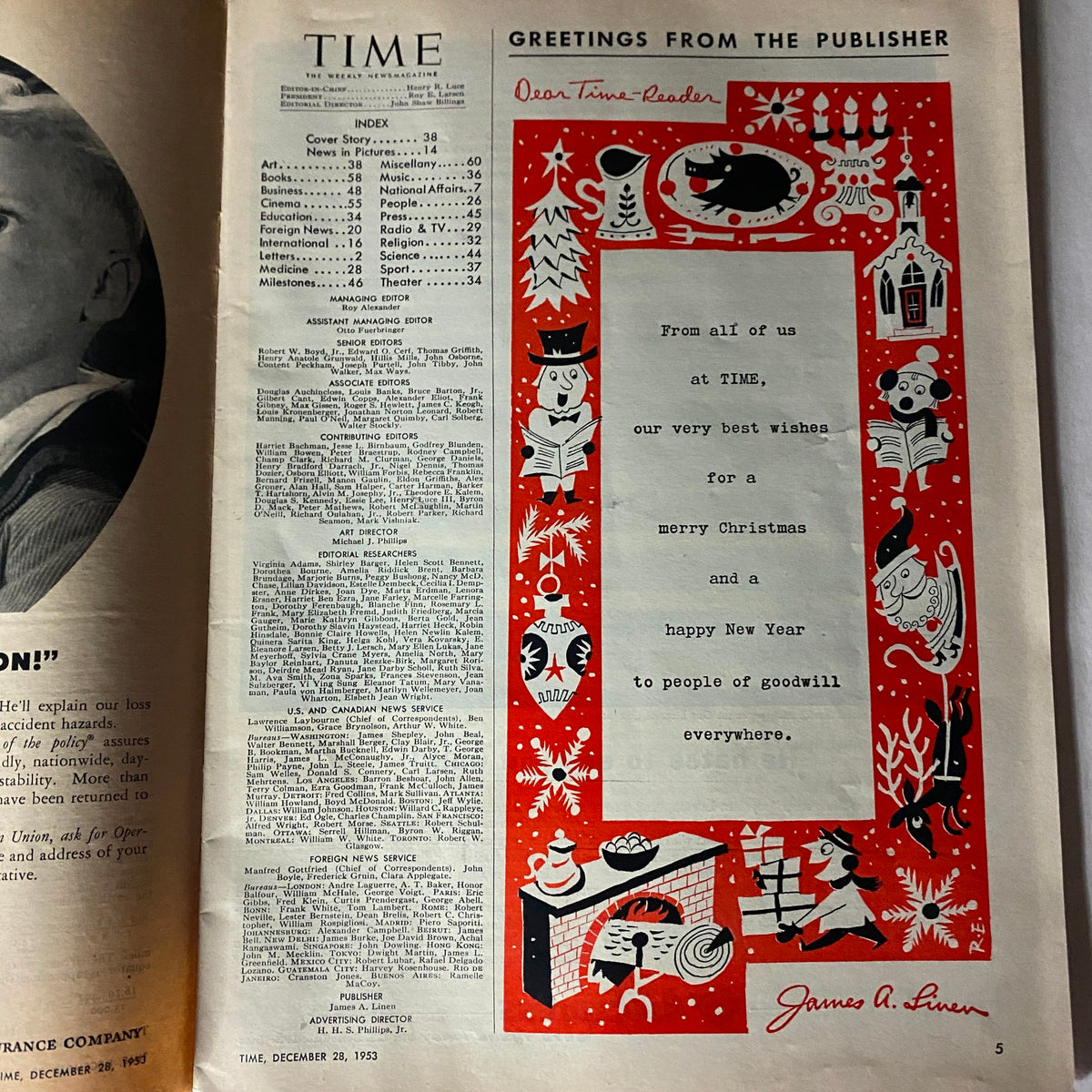 Interior page of VTG Time Magazine December 28, 1953 Vol 26 showing the index and a festive greeting from the publisher, celebrating Christmas and the New Year.