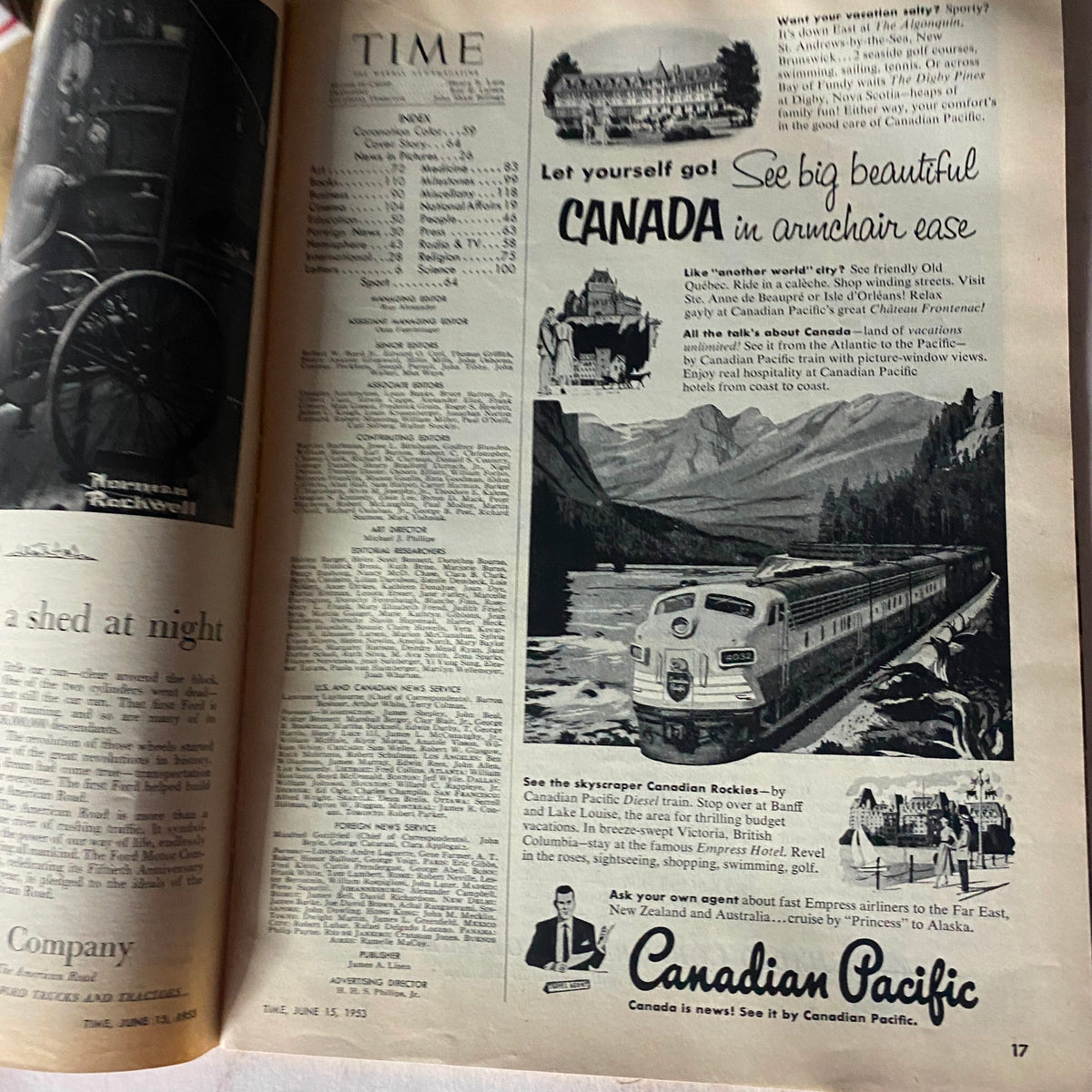 Inside page of Time Magazine from June 15, 1953 featuring advertisements and articles. This issue includes content related to travel in Canada, showcasing scenic views and tourism advertisements. Title: VTG Time Magazine June 15, 1953 Vol 61 No. 24 Mickey Mantle.