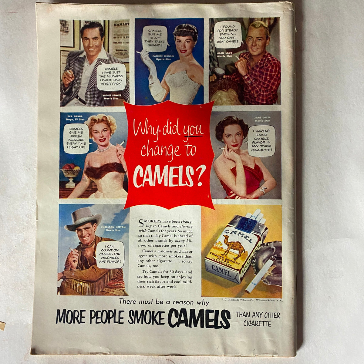 Vintage Time Magazine advertisement featuring a colorful spread with various celebrities promoting Camel cigarettes, titled 'Why did you change to CAMELS?', complementing the cover of Time Magazine June 15, 1953 featuring Mickey Mantle.