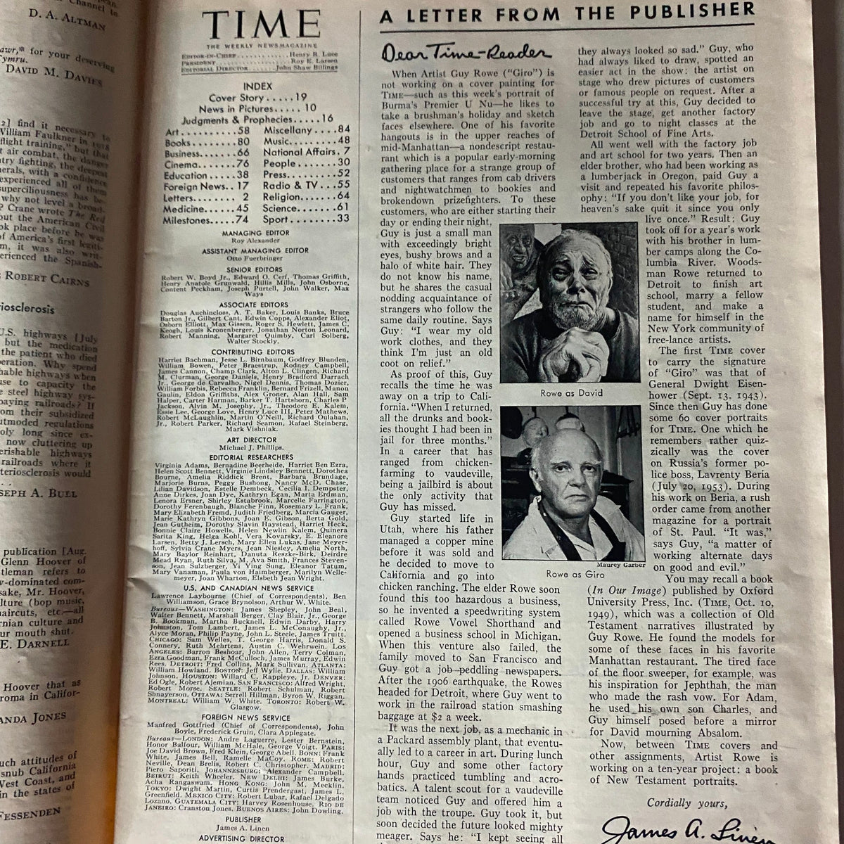 Inside page of VTG Time Magazine August 30, 1954 Vol 64 No. 9 including a letter from the publisher and magazine index.