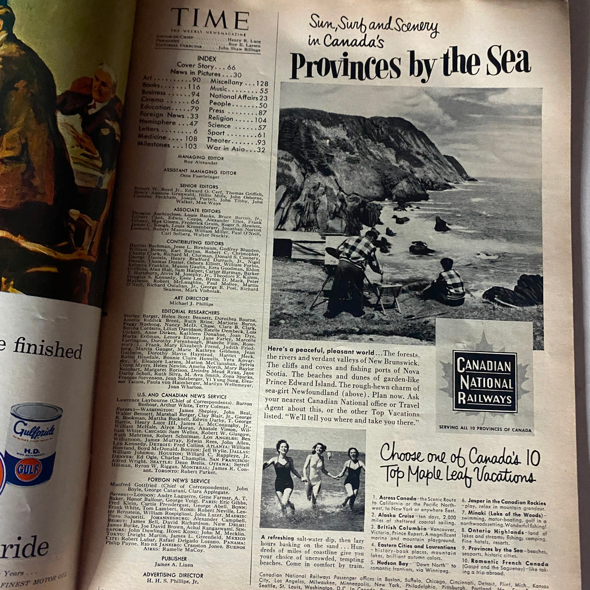 Interior page of VTG Time Magazine June 8, 1953, Volume 61 Number 23 showcasing an article about Canada's scenic provinces, alongside an image of a coastal landscape.