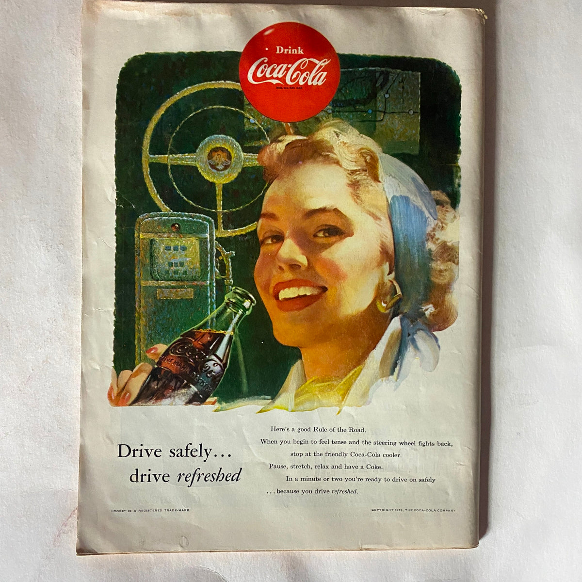 Vintage advertisement page from VTG Time Magazine June 8, 1953, Volume 61 Number 23 promoting Coca-Cola with a cheerful woman holding a bottle.