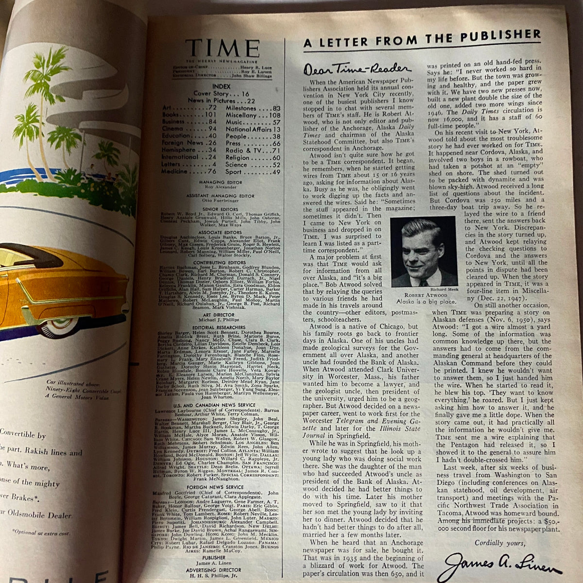 Inside view of the VTG Time Magazine June 1, 1953, displaying the table of contents and a letter from the publisher, showcasing mid-20th century design and journalism.