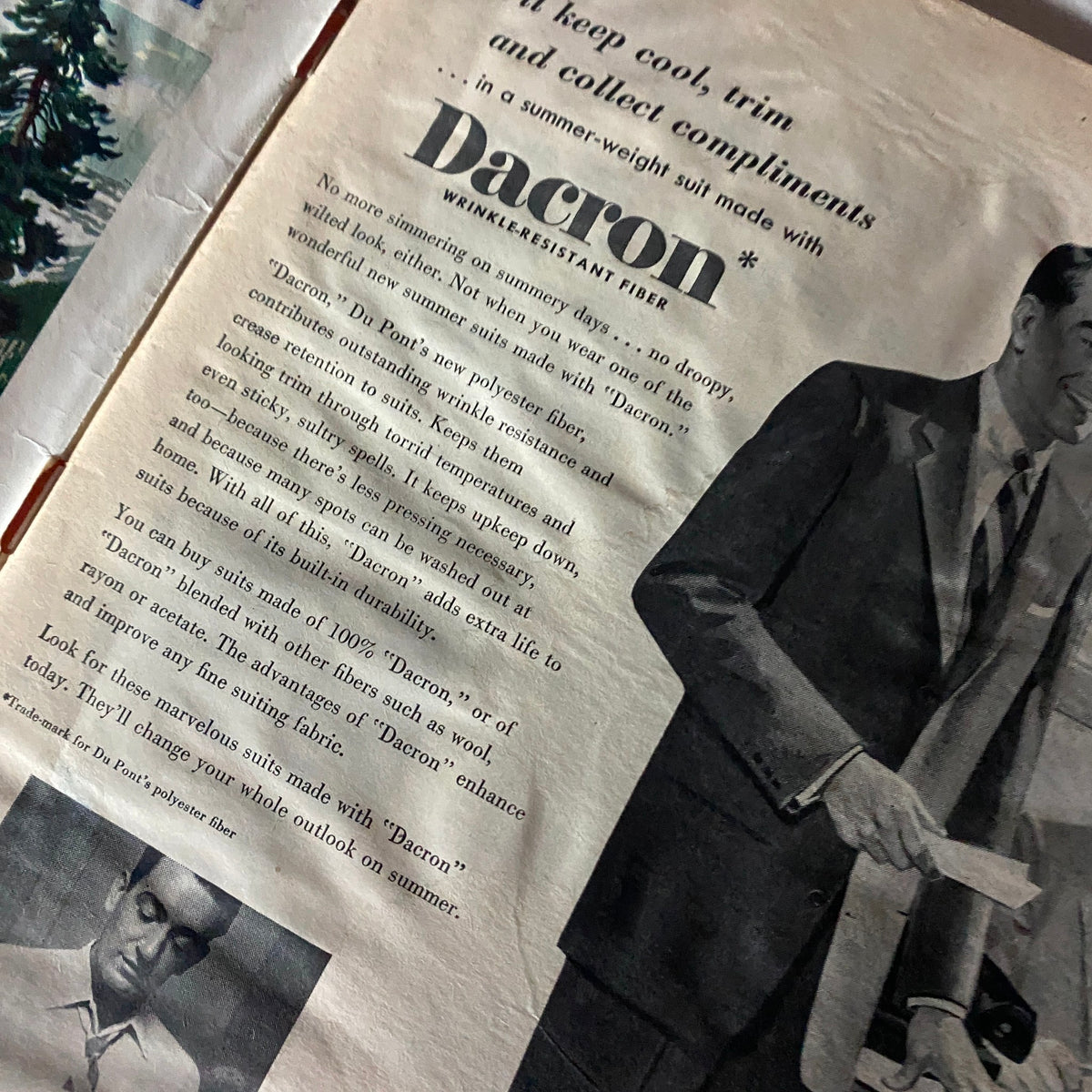 Advertisement page from VTG Time Magazine May 25, 1953, promoting Dacron summer suits, highlighting fashion trends and fabric technology of the era.