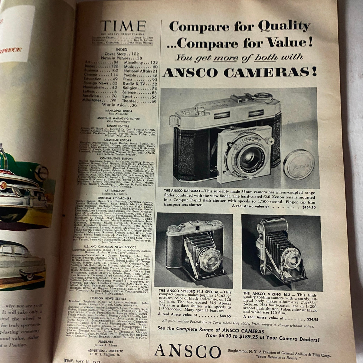 Interior page of VTG Time Magazine May 18, 1953 displaying advertisements, including Ansco Cameras, and the magazine's index, reflecting the advertising culture of the 1950s.