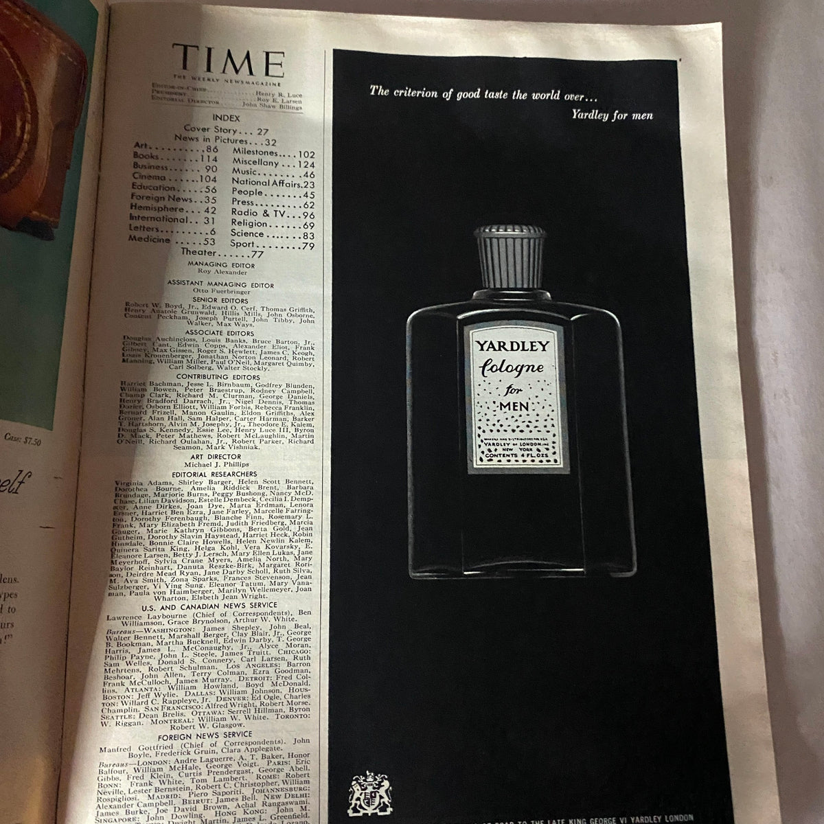 Interior page of VTG Time Magazine December 7, 1953 featuring an advertisement for Yardley cologne. The scanned page includes an index, showcasing various articles and features in this vintage magazine.