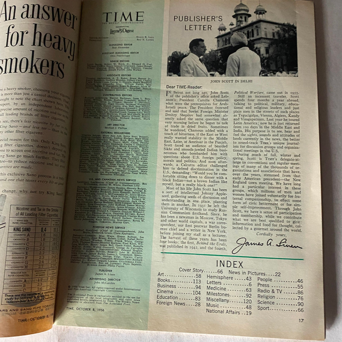 Inside page of VTG Time Magazine October 8, 1956, displaying the publisher's letter and editorial details, highlighting key articles and content of the issue.