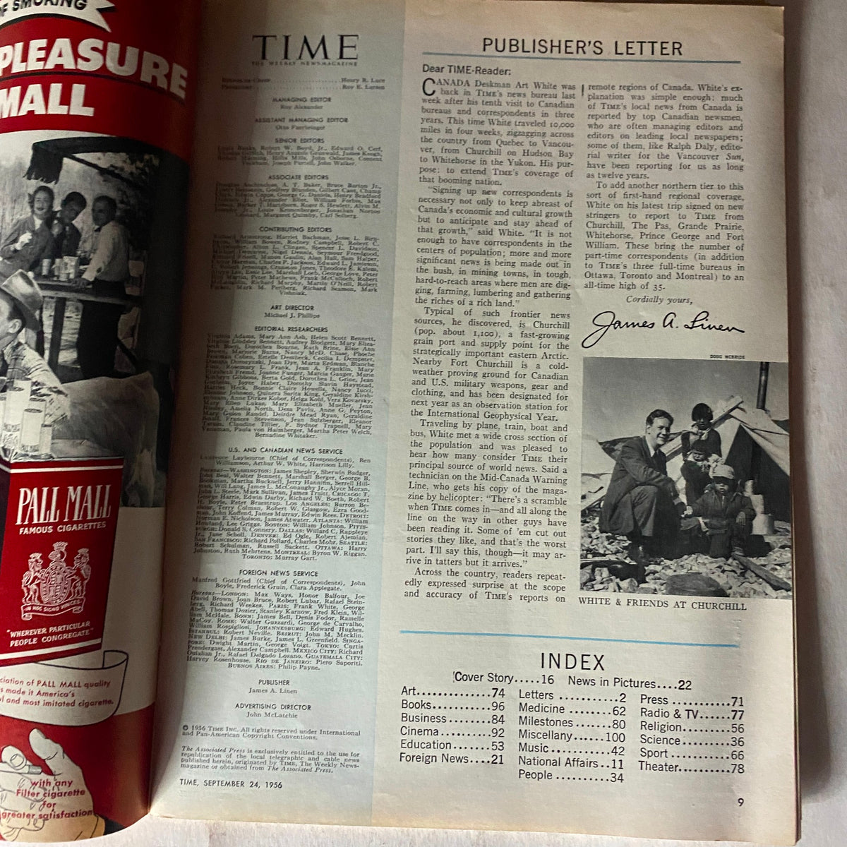Inside page of VTG Time Magazine September 24, 1956 showing publisher's letter and index.