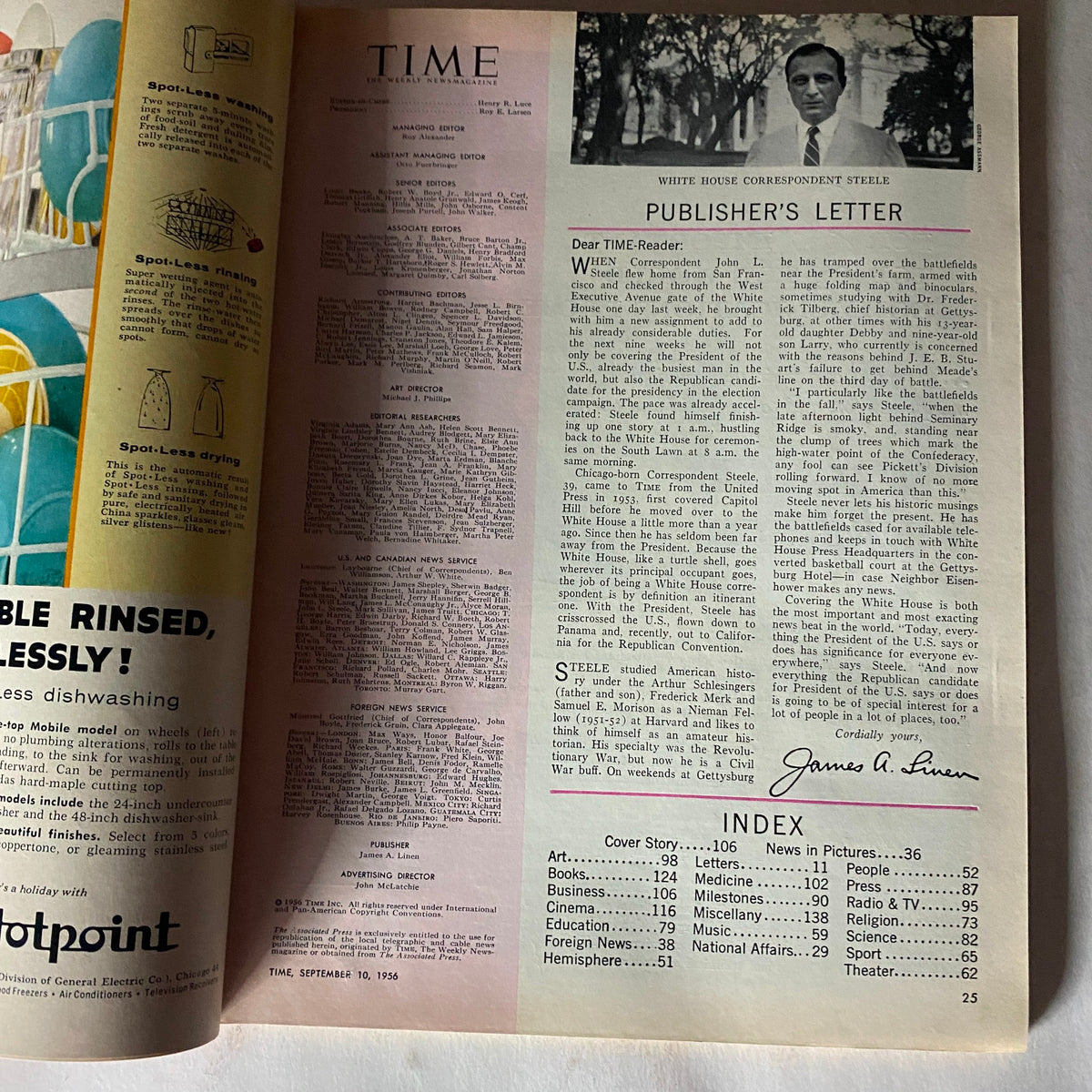 Inside page of the VTG Time Magazine September 10, 1956, showing the Publisher's Letter and Index, highlighting editorial content of Volume 68, Number 11 featuring William McChesney Martin.