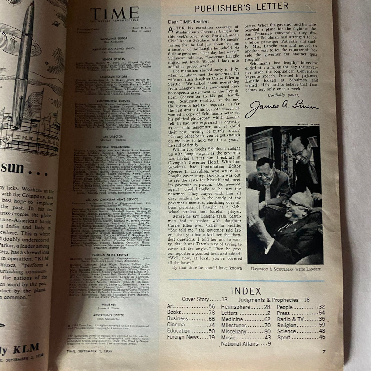 Vintage Time Magazine September 3, 1956 Vol 68 No. 10 Arthur Langlie