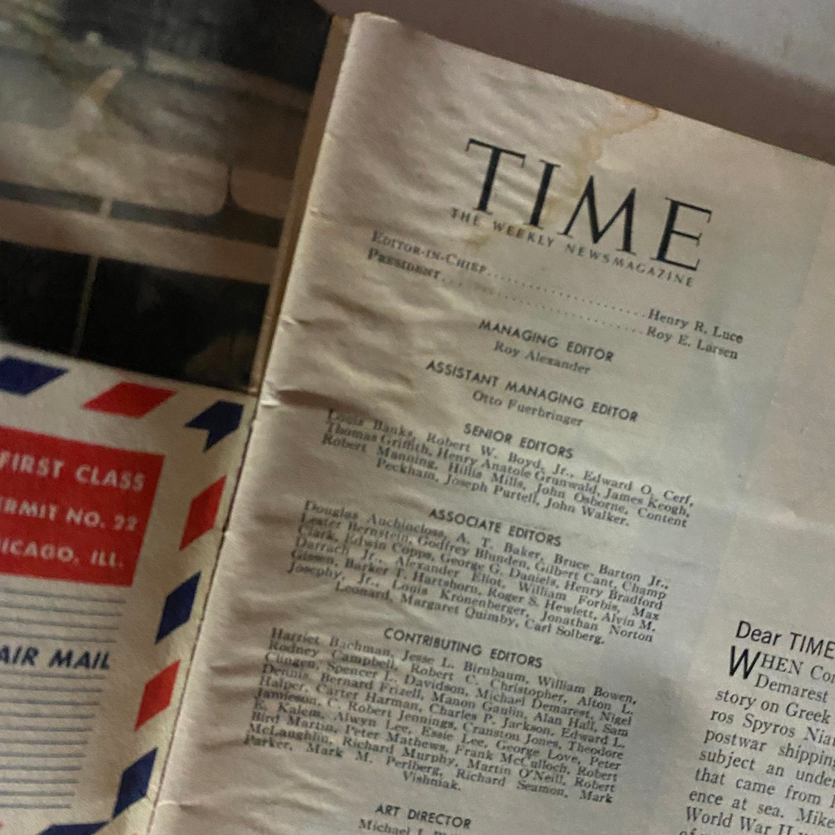 Inside page of VTG Time Magazine August 6, 1956 featuring editorial staff information, showcasing the historical significance of the magazine and its articles.