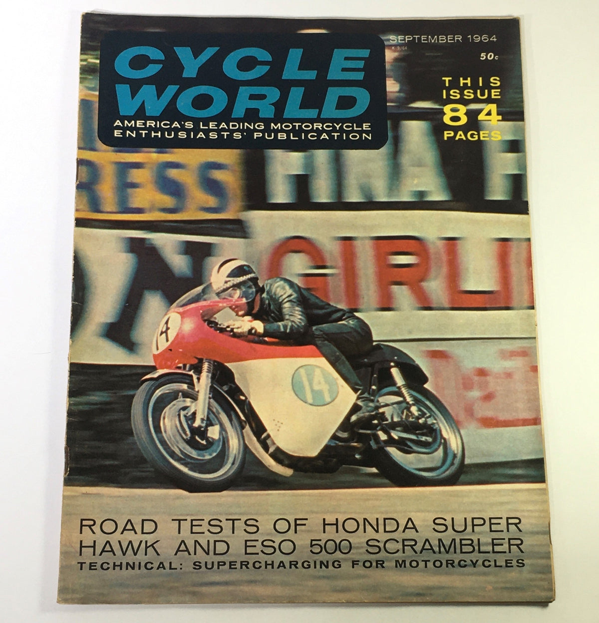 Vintage Cycle World Magazine September 1964 featuring Honda Super Hawk and ESO 500 Scrambler cover image, showcasing motorcycle culture of the 1960s with road tests and supercharging technical insights.