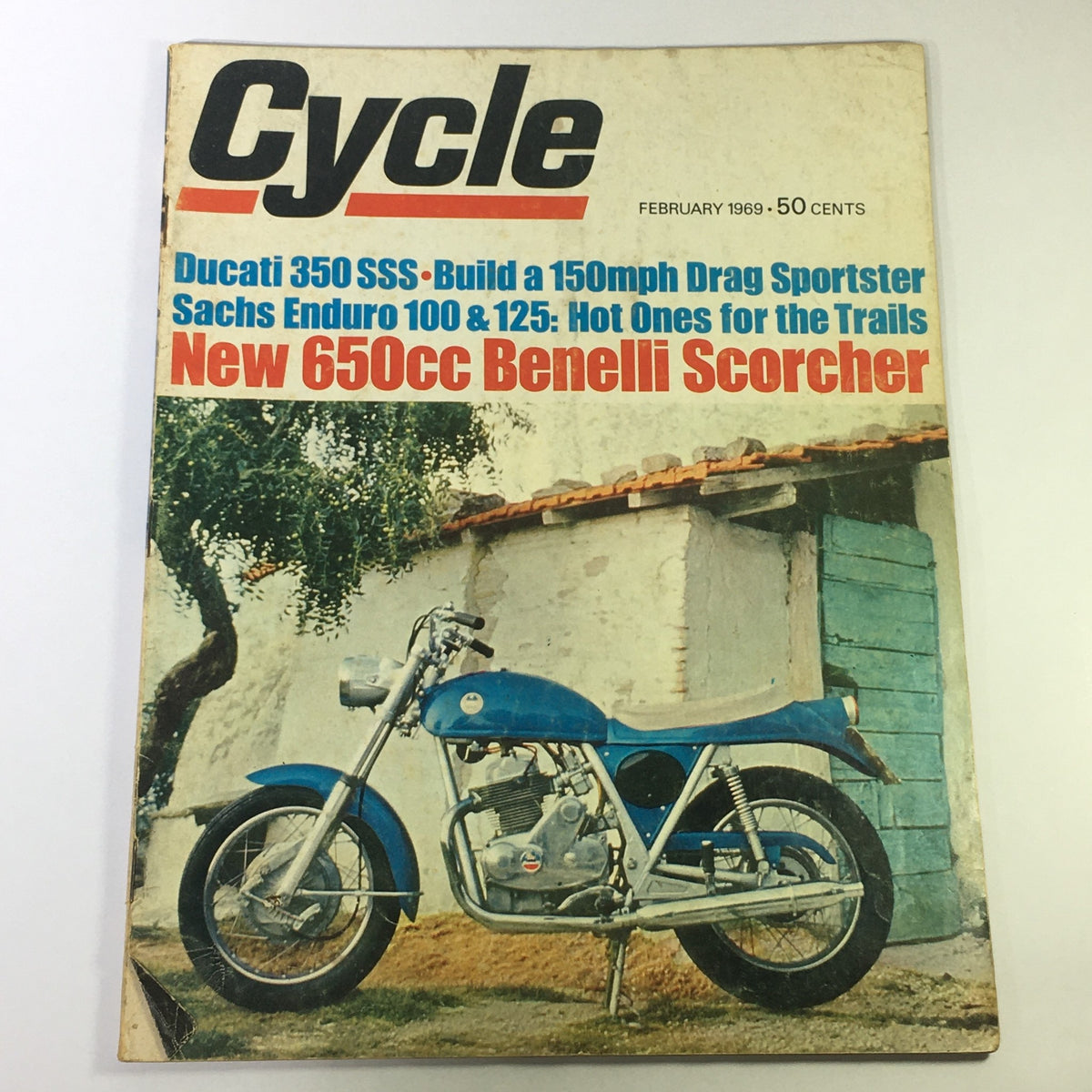 Cover of VTG Cycle Magazine February 1969 showcasing Ducati 350 SSS and 650cc Benelli Scorcher, featuring vibrant text and imagery indicative of vintage motorcycle culture.