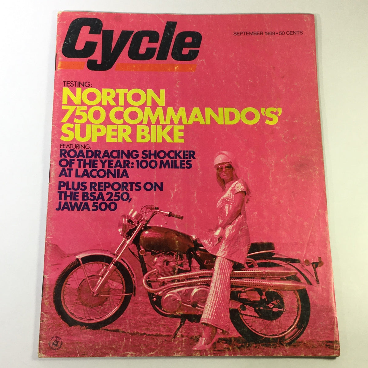 Cover of VTG Cycle Magazine September 1969 featuring the Norton 750 Commando's Super Bike, showcasing a motorcycle and a model in stylish attire, highlighting road tests and motorcycle culture of the era.
