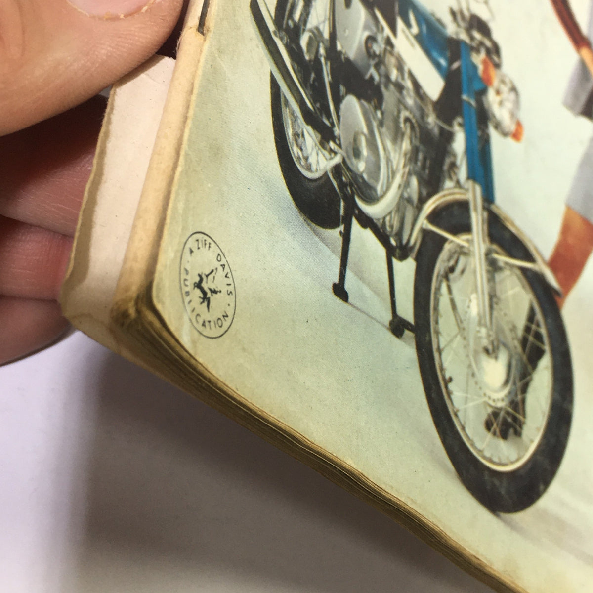 Close-up of the spine of the Vintage Cycle Magazine May 1968 showing the Ziff Davis Publications logo and edge wear.