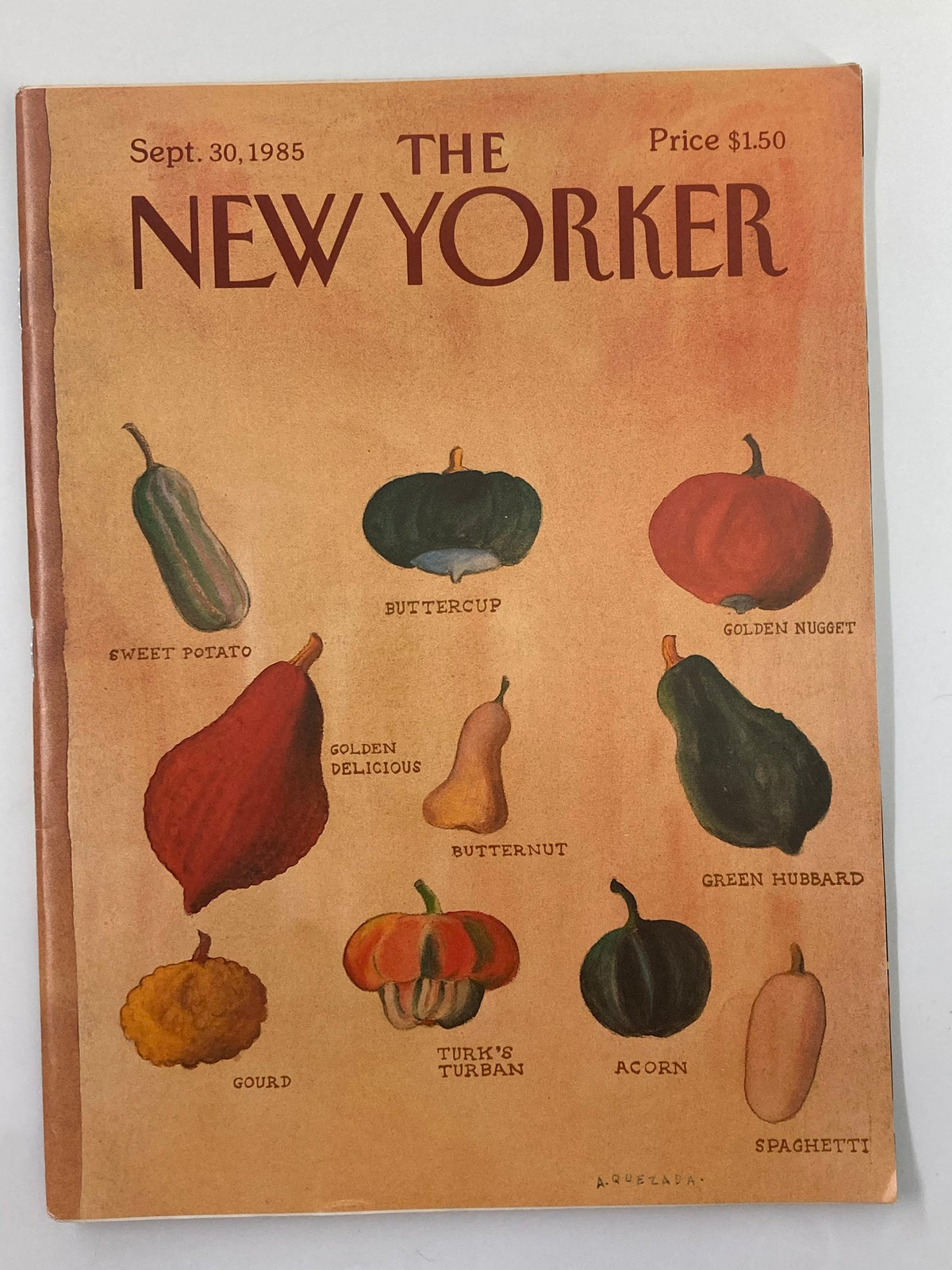 Cover of The New Yorker magazine from September 30, 1985 featuring the artwork titled 'Fresh Vegetables' by Abel Quezada, displaying various types of vegetables including butternut squash and sweet potato.
