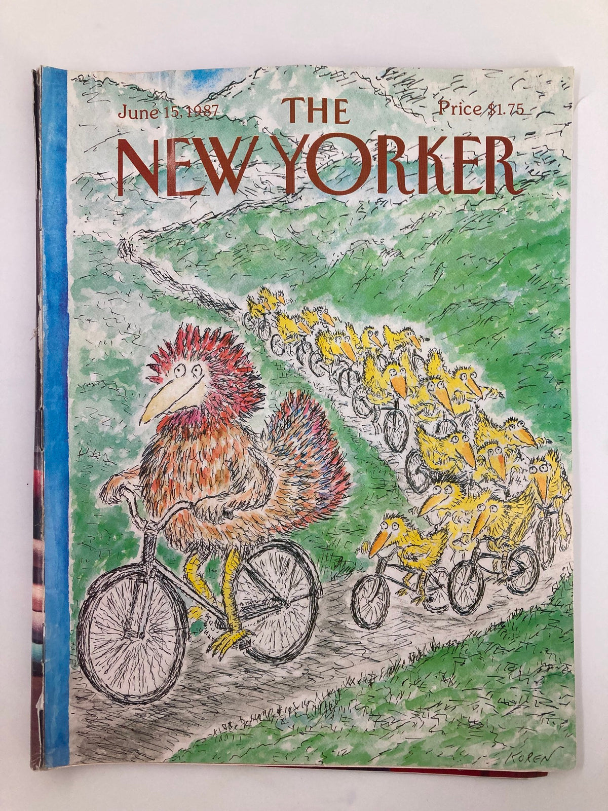 Cover of The New Yorker Full Magazine June 15 1987, featuring the cartoon 'Follow The Leader' by Edward Koren, depicting a colorful chicken leading a line of smaller chicks on bicycles.