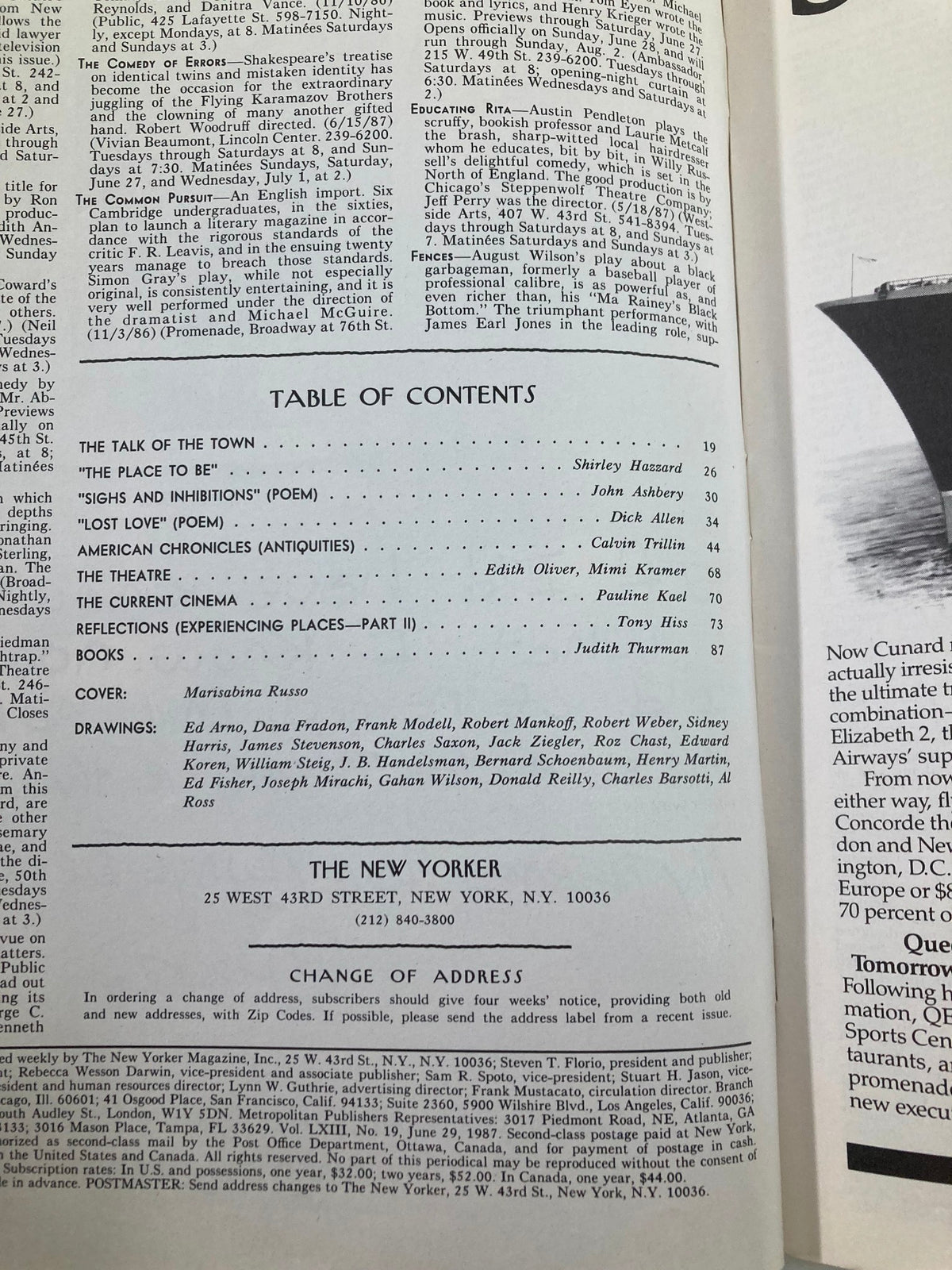 The New Yorker Full Magazine June 29 1987 table of contents page, featuring articles and a cover credit to Marisabina Russo.