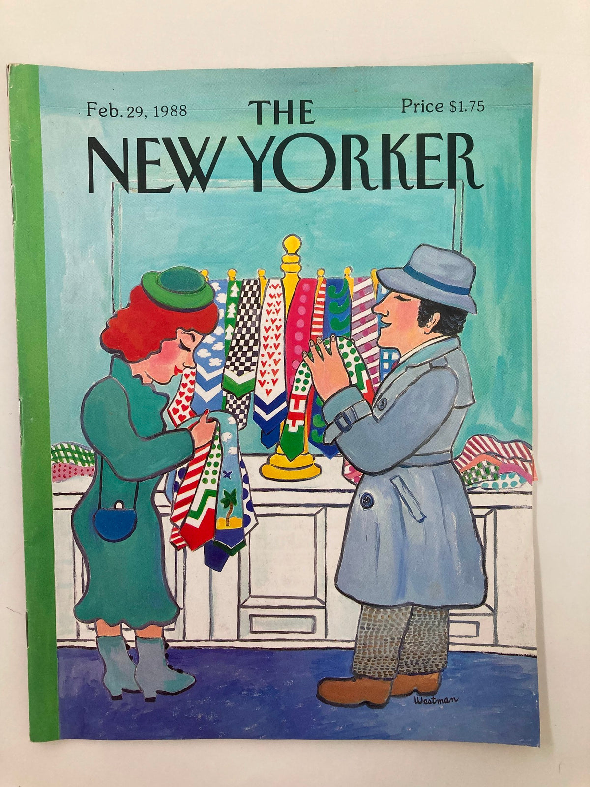 The New Yorker Full Magazine February 29 1988 cover featuring vibrant necktie illustrations by Barbara Westman, showcasing a woman and a man selecting neckties in a store.
