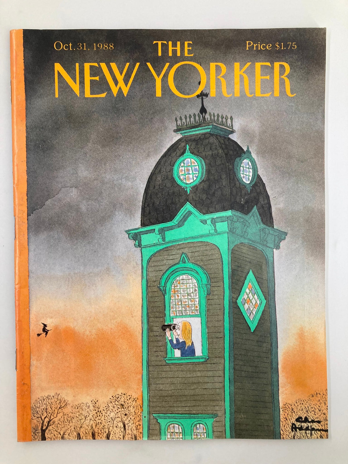The New Yorker magazine cover from October 31, 1988, featuring the artwork 'Witch Sighting' by Chas Addams, depicting a whimsical haunted house with a figure looking out of a window.