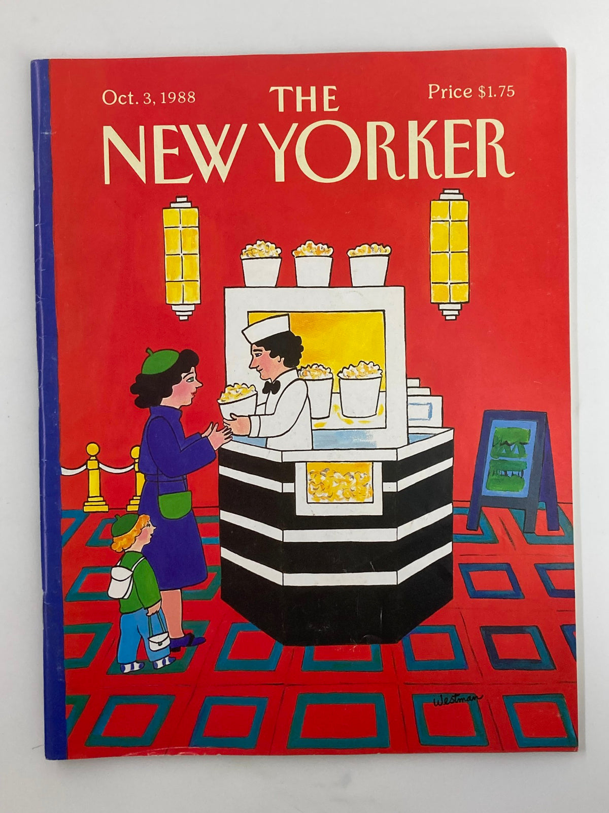 Cover of The New Yorker Full Magazine October 3 1988 featuring a colorful illustration of a popcorn stand with a customer and a vendor, titled "Popcorn Please" by Barbara Westman.