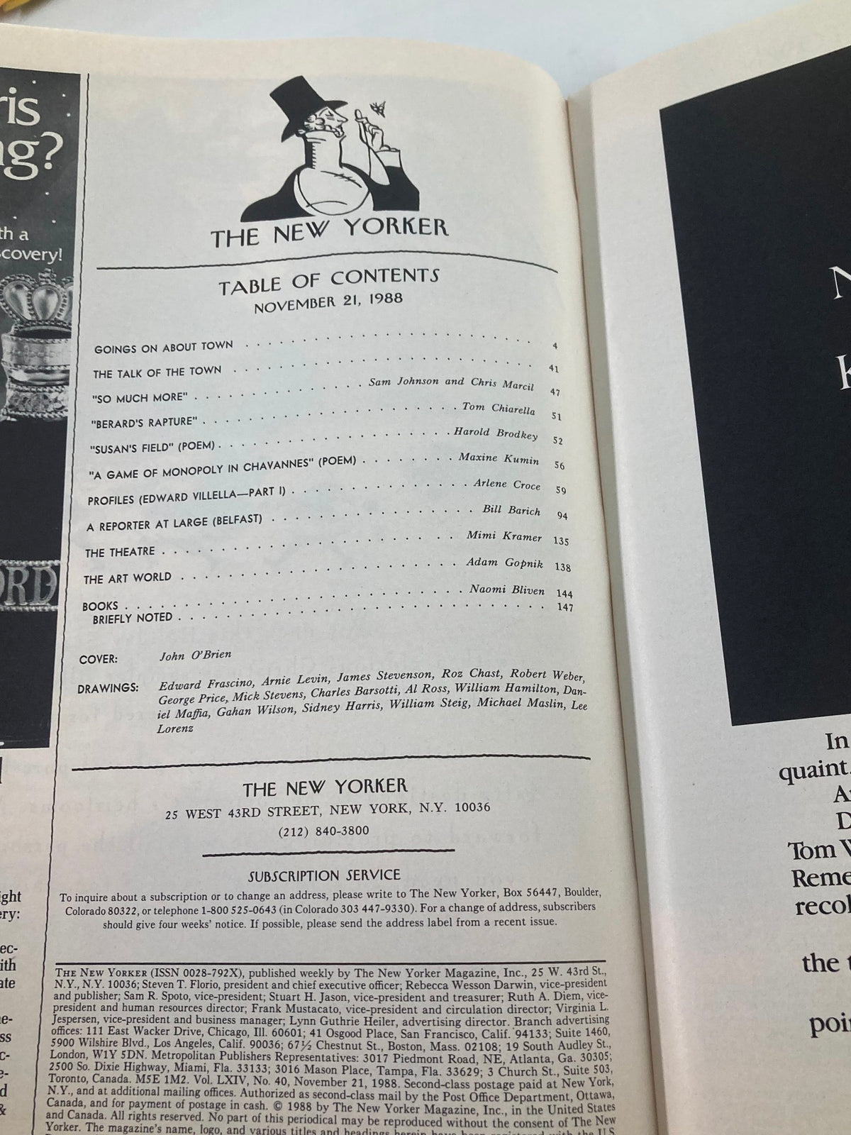 Inside page of The New Yorker Full Magazine November 21, 1988 displaying the table of contents, featuring articles and illustrations, with John O'Brien credited for the cover art.