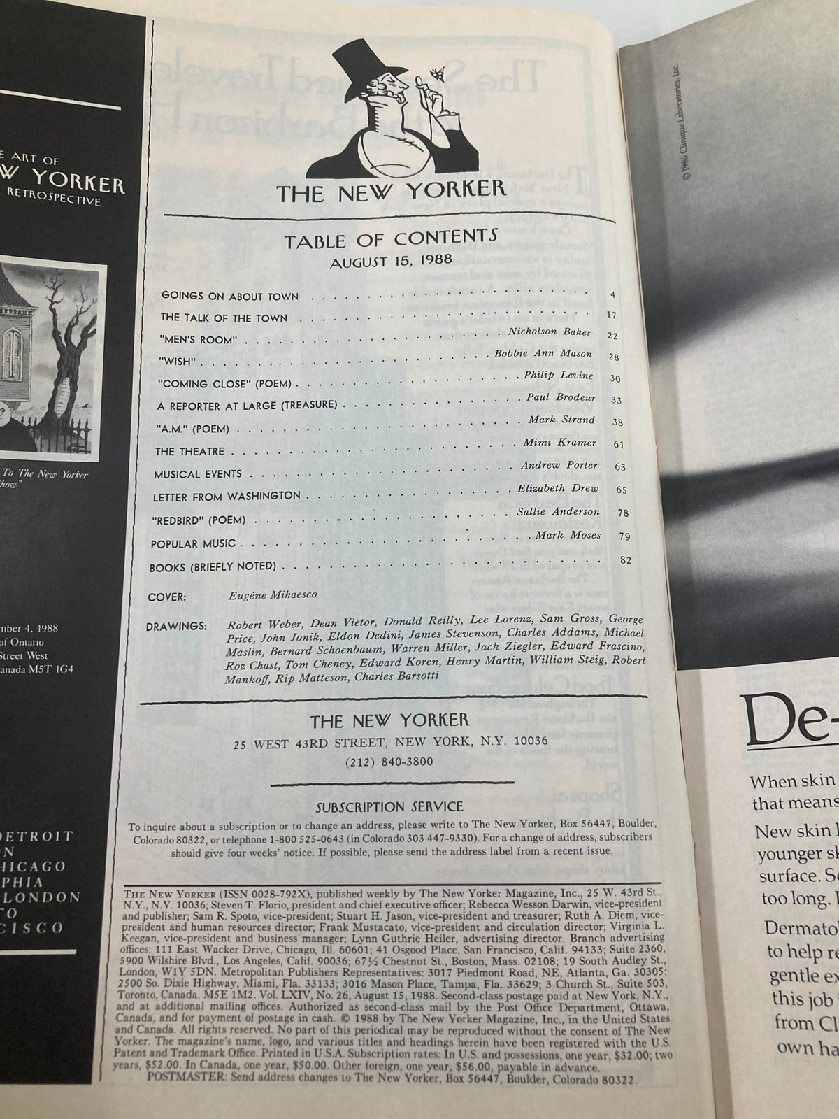 Table of contents from The New Yorker Full Magazine August 15 1988, detailing featured articles, poems, and contributors, with a classic iconic design.