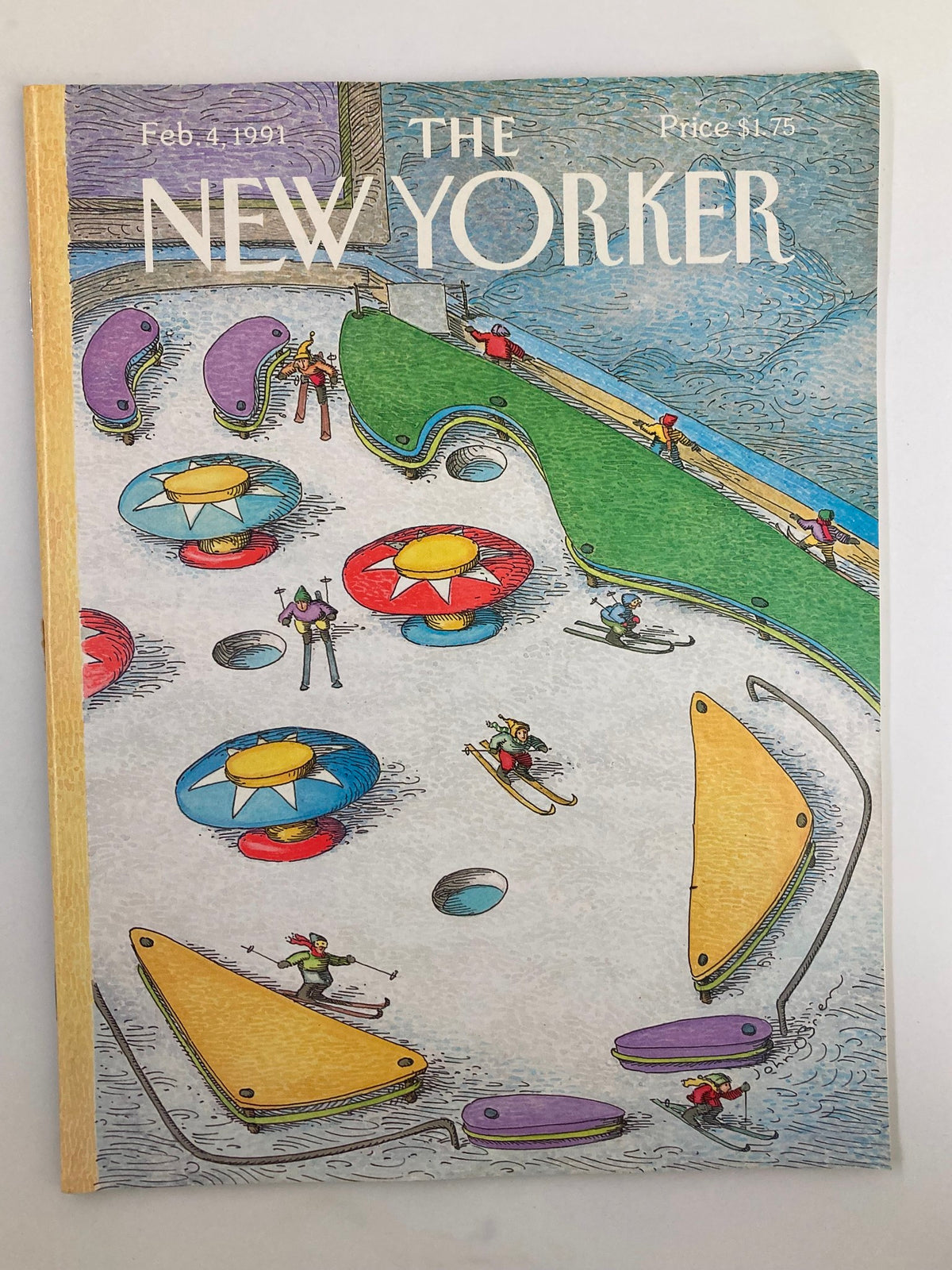 The New Yorker Full Magazine February 4 1991 featuring the "Ice Pin Ball" cover art by John O'Brien, showcasing vibrant illustrations of winter activities and colorful carnival elements.