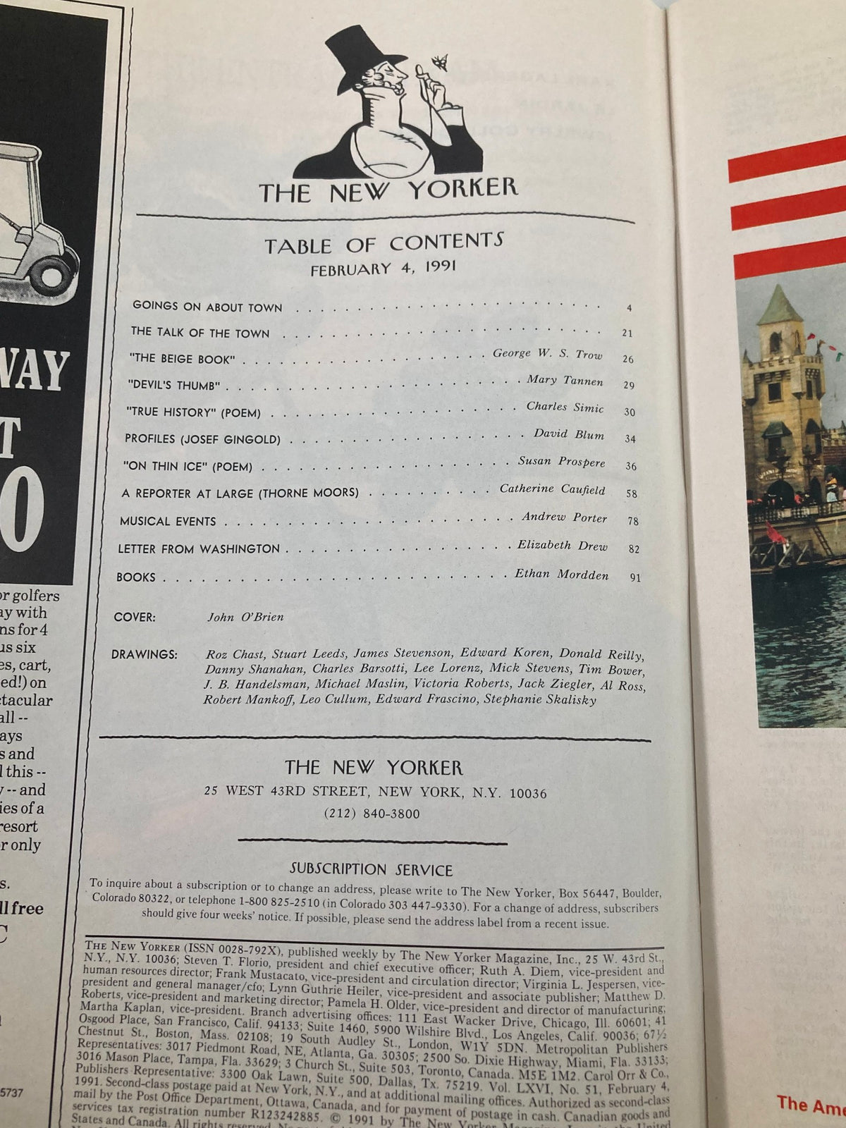 Table of contents from The New Yorker Full Magazine February 4, 1991, featuring articles and illustrations including the cover art by John O'Brien.