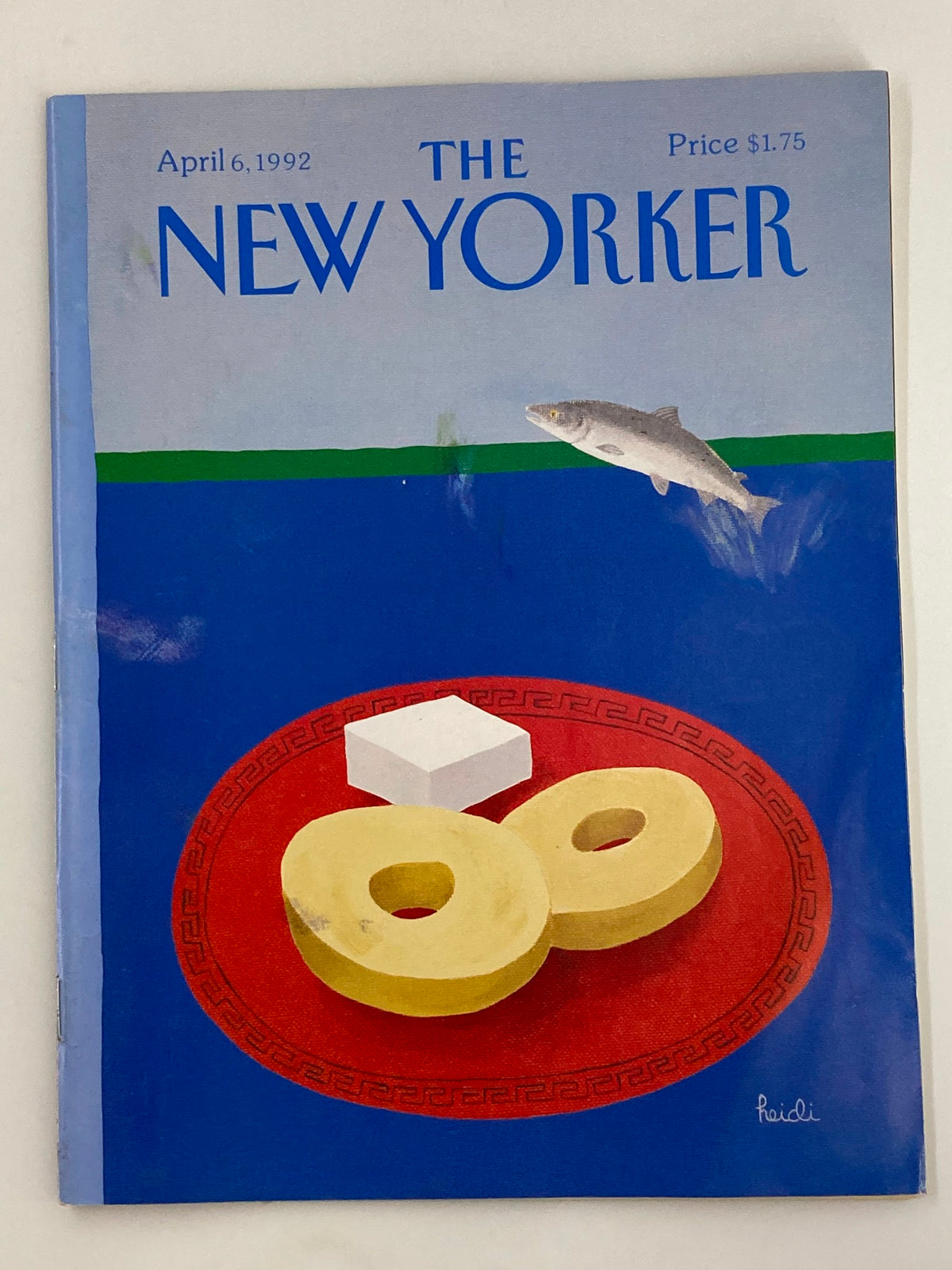 Cover of The New Yorker Full Magazine April 6, 1992 featuring artwork titled 'Fish Cheese' by Heidi Goennel with visual elements of a fish and cheese on a red plate against a blue background.