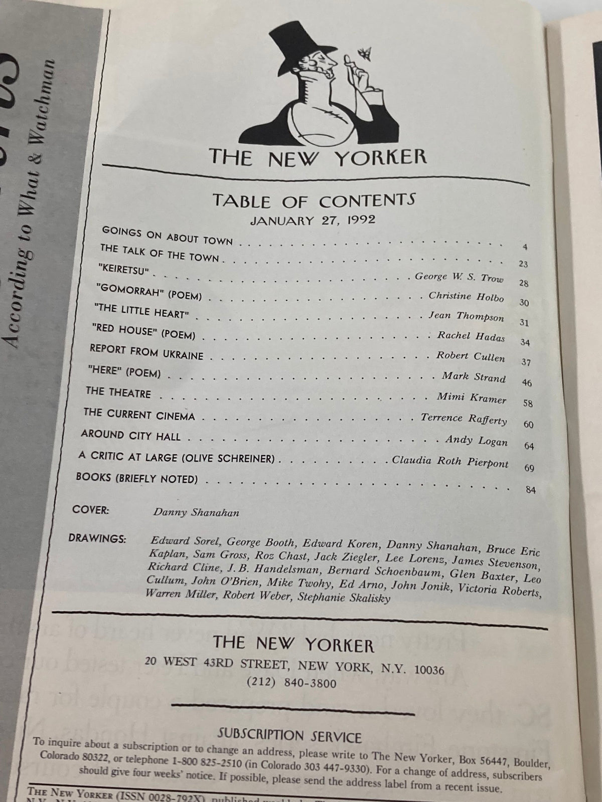 Table of contents from The New Yorker Full Magazine January 27 1992, listing featured poems and articles, reflecting the magazine's diverse literary offerings.