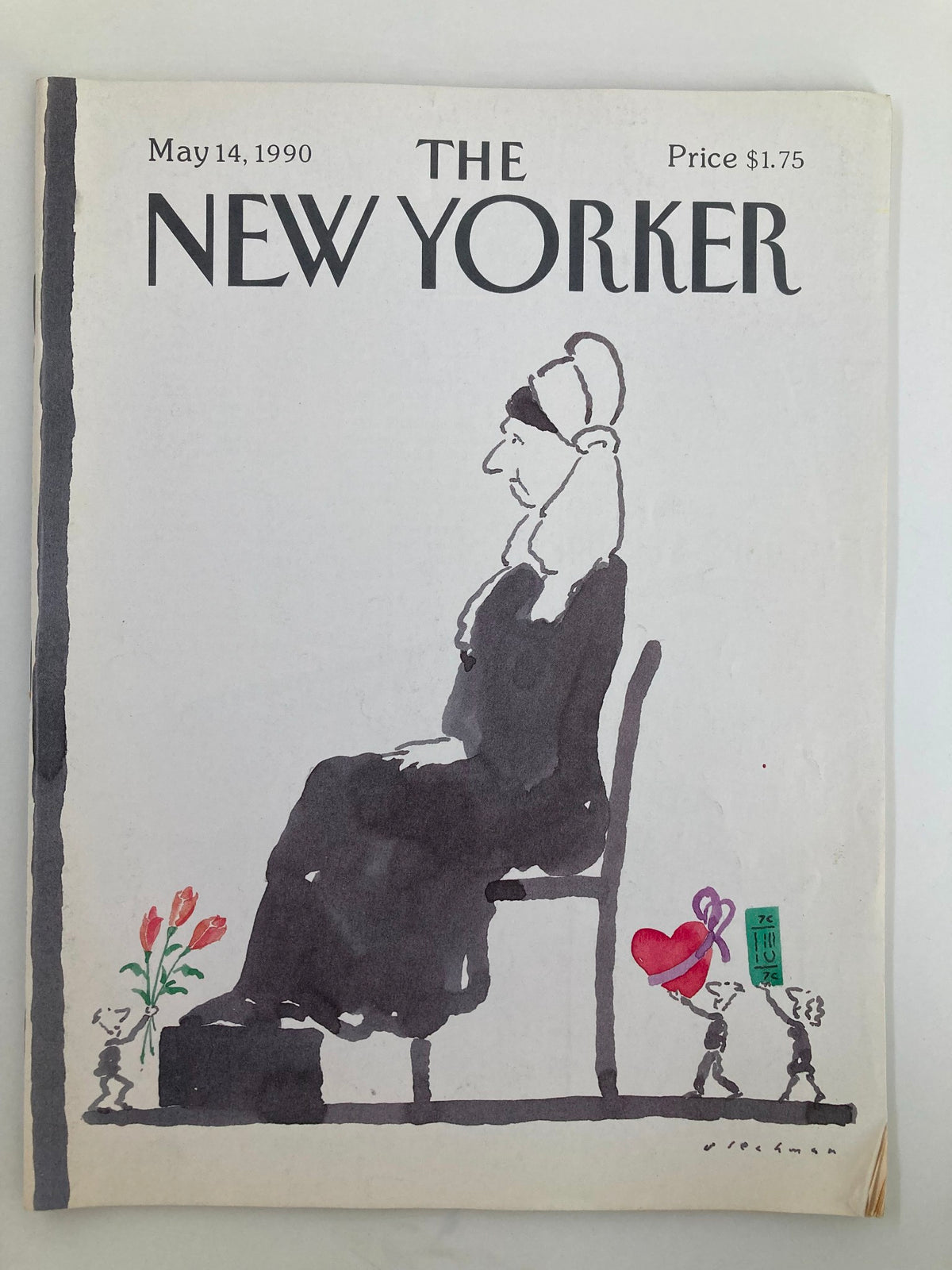 The New Yorker Full Magazine May 14 1990 featuring the cover art 'For Mother' by R. O. Blechman, showcasing a whimsical illustration of a seated figure with flowers and heart imagery, perfect for collectors of vintage magazines.