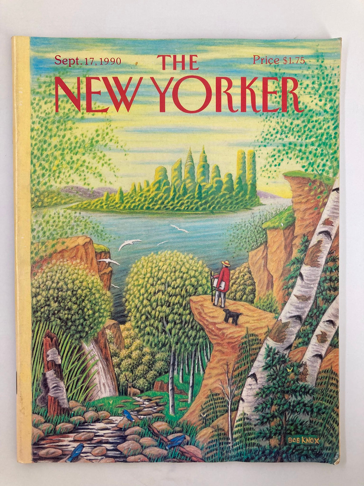 Cover of The New Yorker Full Magazine dated September 17, 1990, featuring the painting 'Painting Paradise' by Bob Knox, depicting a vibrant landscape with a figure and a dog.