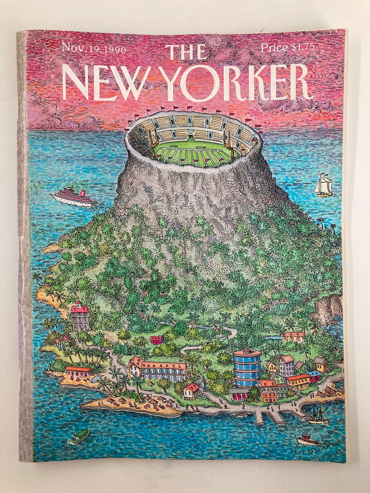 The New Yorker Full Magazine November 19, 1990 with the cover illustration titled 'Center of Attraction' by J. O'Brien, showcasing a colorful landscape featuring a volcano and beach side village.