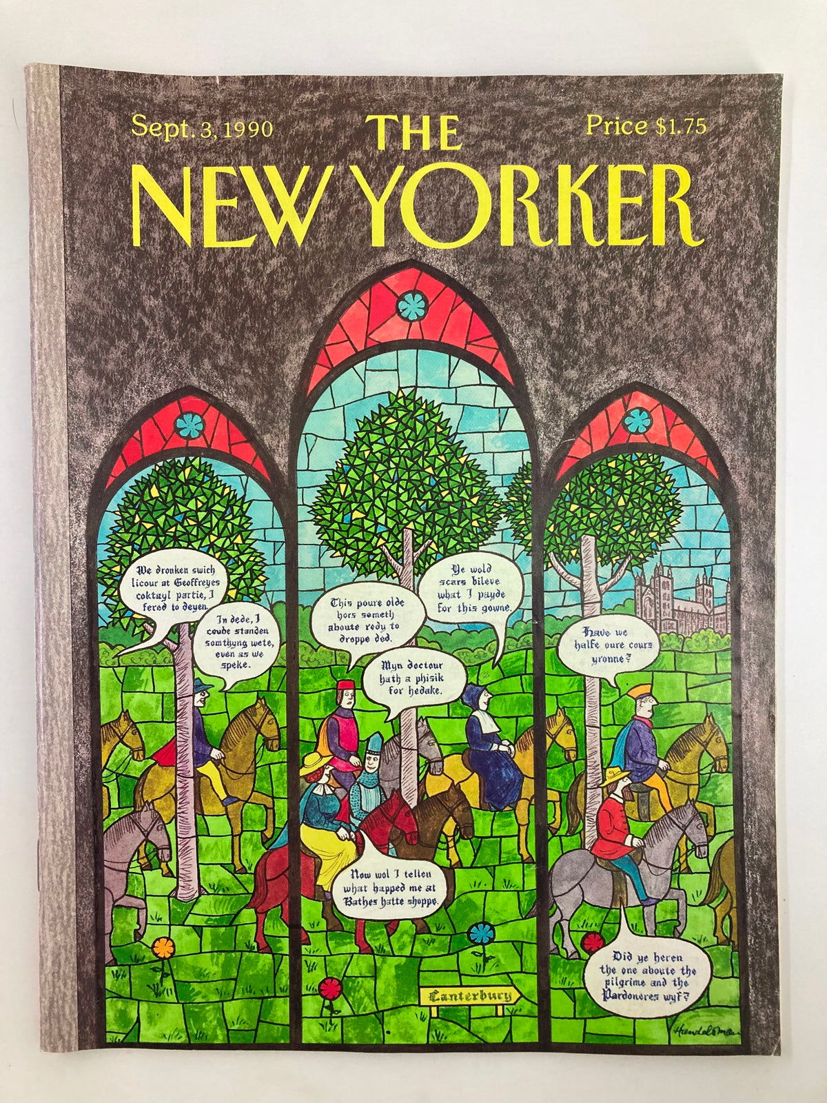 Cover of The New Yorker Full Magazine September 3 1990 featuring the 'Canterbury Story' illustrated by JB Handelsman, with vibrant stained glass art depicting medieval themes and characters.