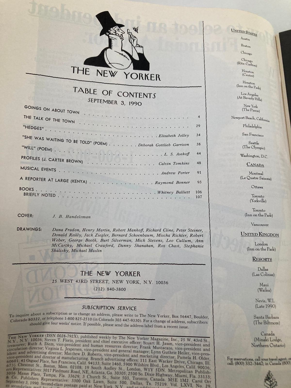 Table of contents for The New Yorker Full Magazine September 3 1990, highlighting articles and features including 'Hedges' and 'Profiles' with art by JB Handelsman.