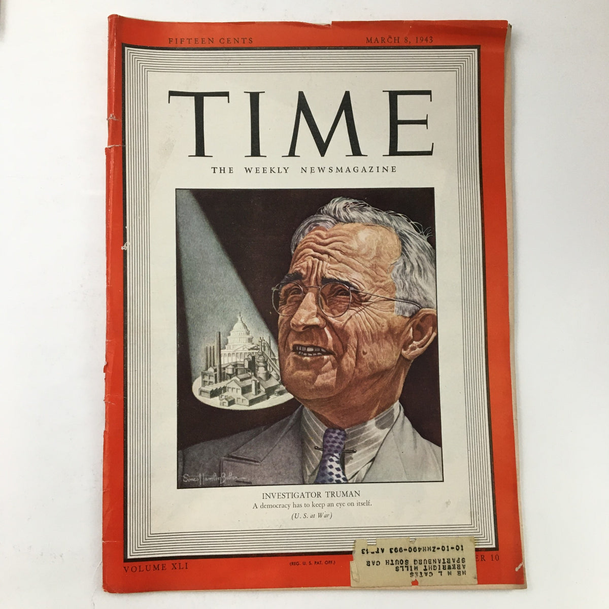 Cover of Time Magazine, March 8, 1943, Vol. 41 No. 10 featuring Investigator Harry S. Truman, showcasing historic themes from World War II.