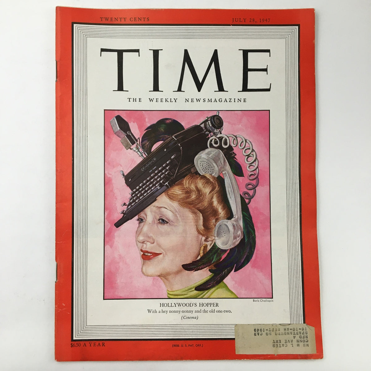 Time Magazine July 28 1947 Vol. 50 No. 4 featuring Hollywood columnist Hedda Hopper, showcasing a colorful illustration of her with a vintage typewriter and a playful hairstyle.
