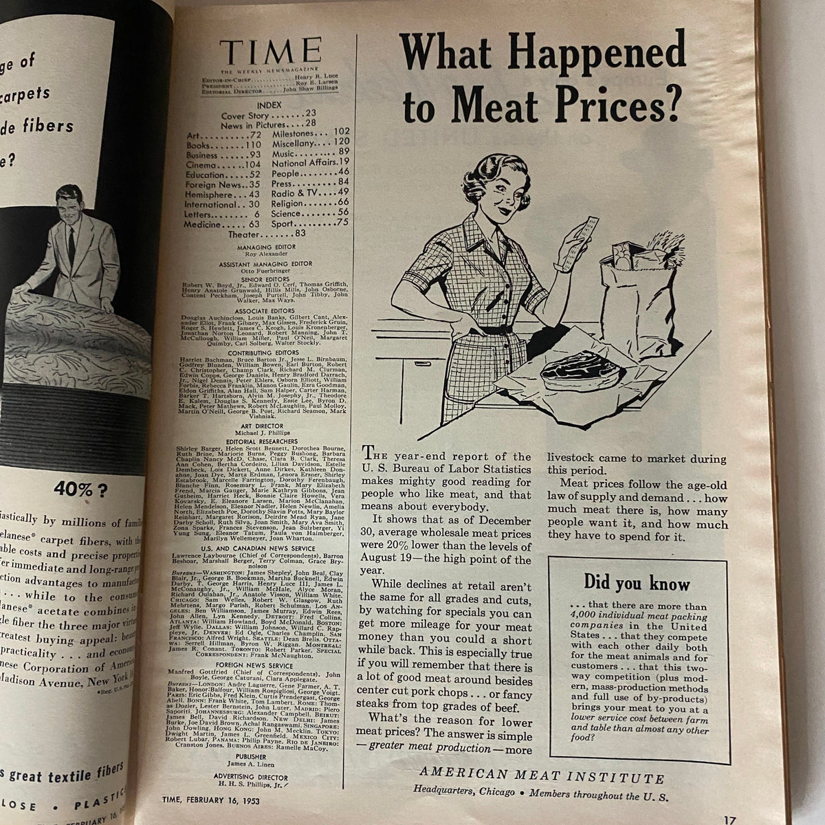 Inside page of Time Magazine dated February 16, 1953, discussing meat prices with an illustration of a woman checking prices at home.