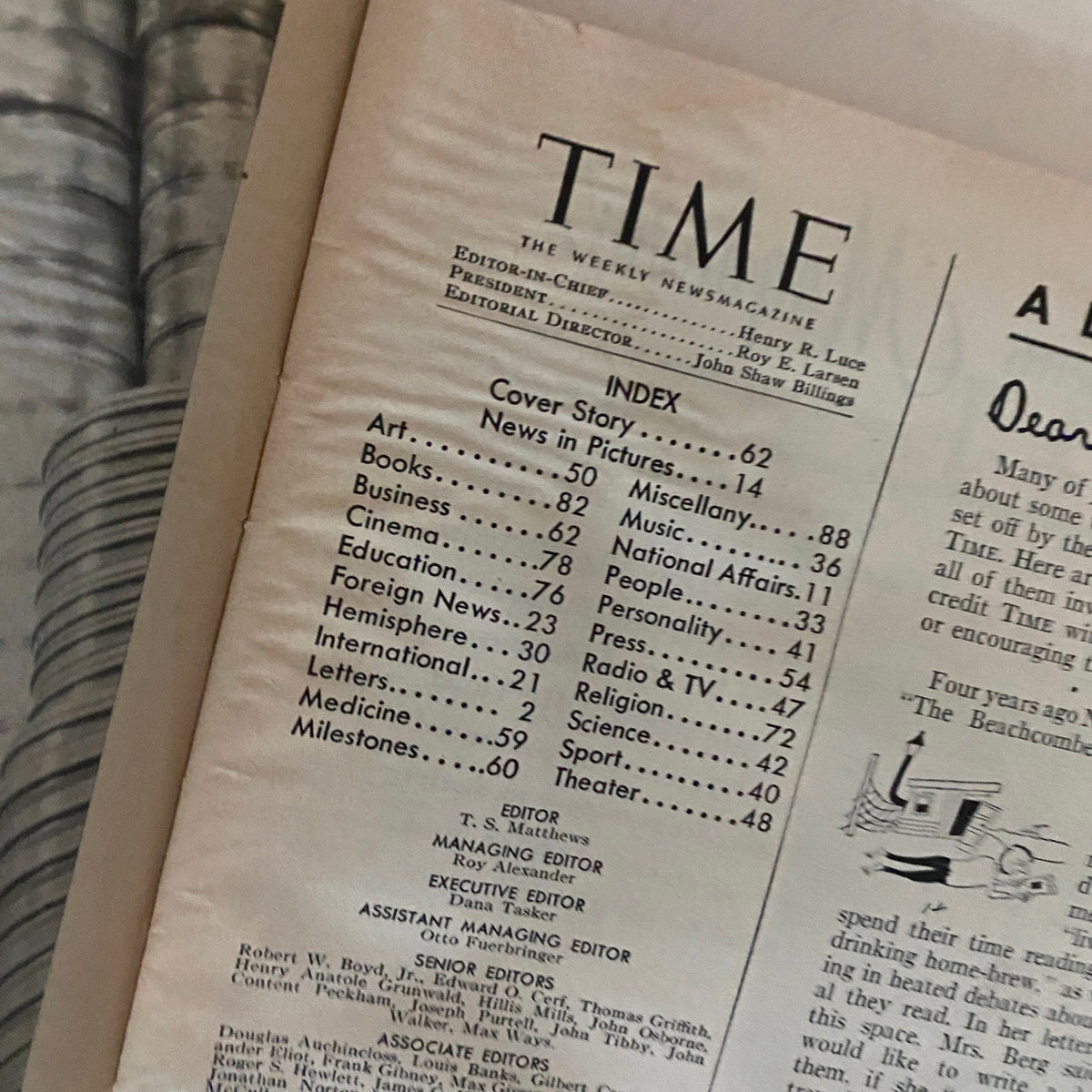 Inside page of VTG Time Magazine February 2, 1953 showcasing the index and cover story details, offering a glimpse into articles and topics covered in Volume 61, Issue 5.