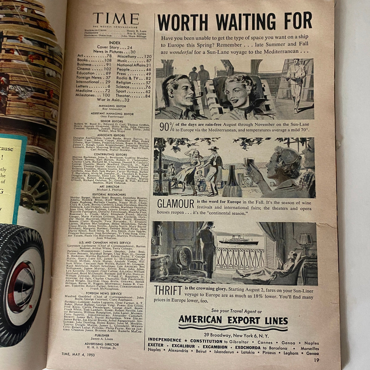 Inside page of VTG Time Magazine May 4, 1953 displaying an advertisement for American Export Lines highlighting travel to Europe, along with a detailed index.