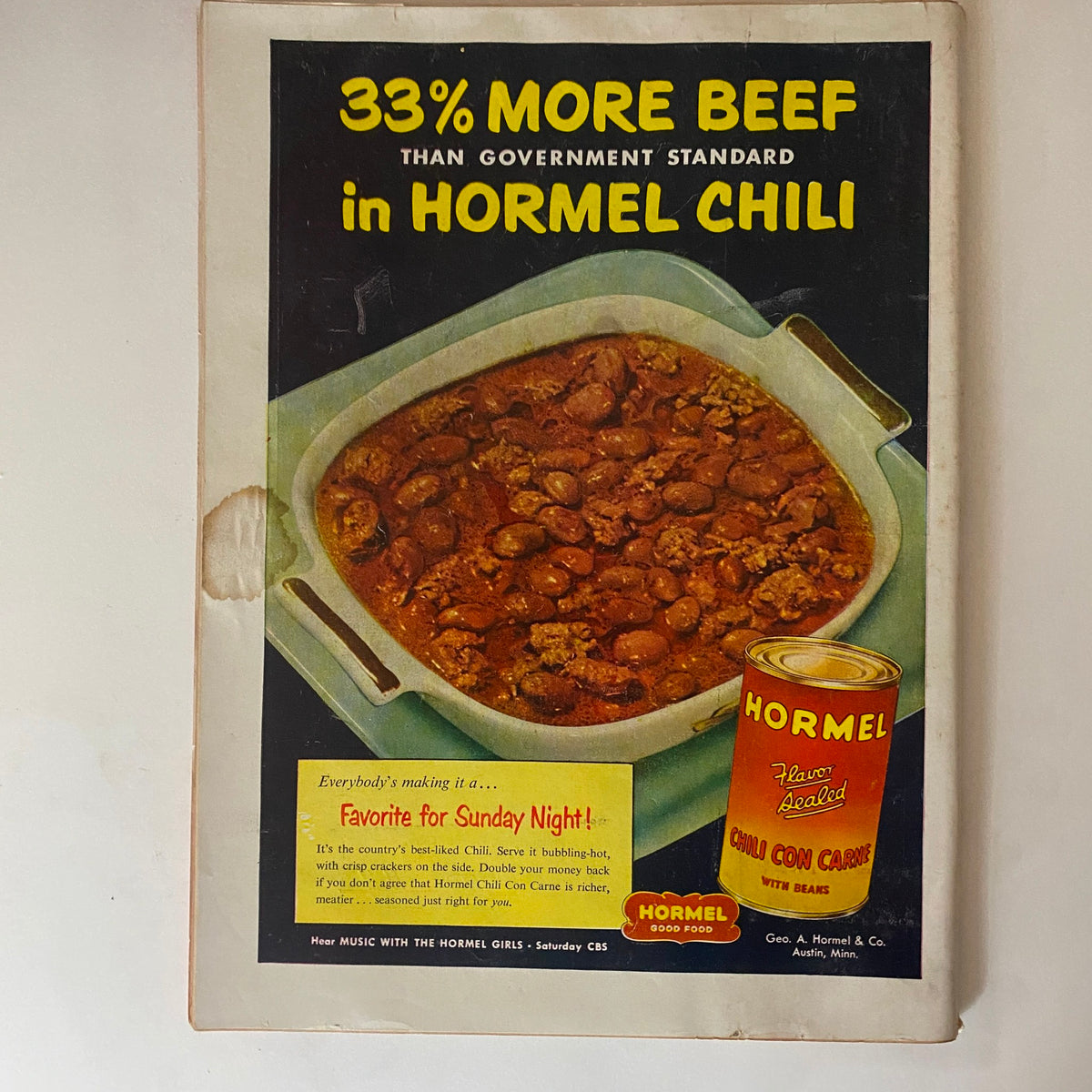 Vintage ad from VTG Time Magazine April 27, 1953 featuring Hormel Chili advertisement showcasing a dish of chili with beans and promotional text highlighting its quality.