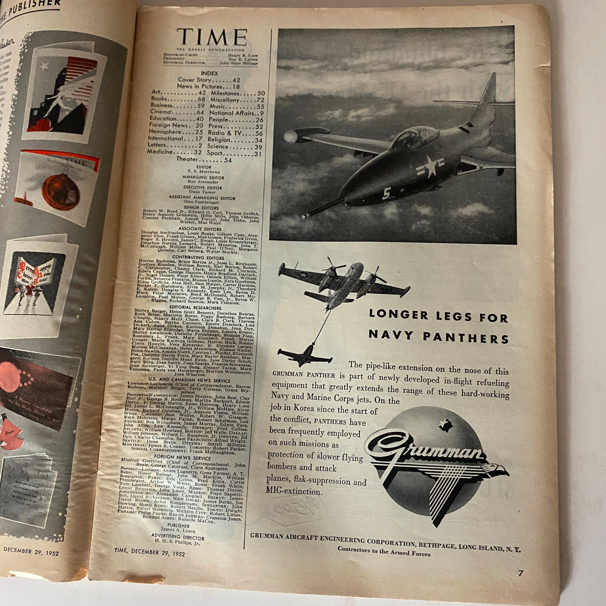 Interior page of the VTG Time Magazine December 29, 1952 Vol 60 No. 26 showcasing an article about Navy Panthers and related imagery.