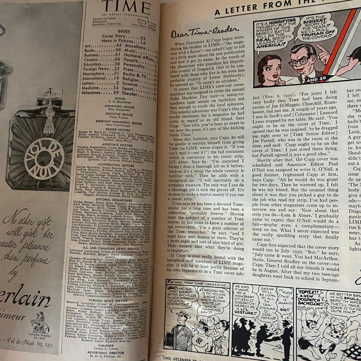 Interior page of VTG Time Magazine from December 22, 1952, displaying the magazine index and an article titled 'A Letter from the Time Reader'.