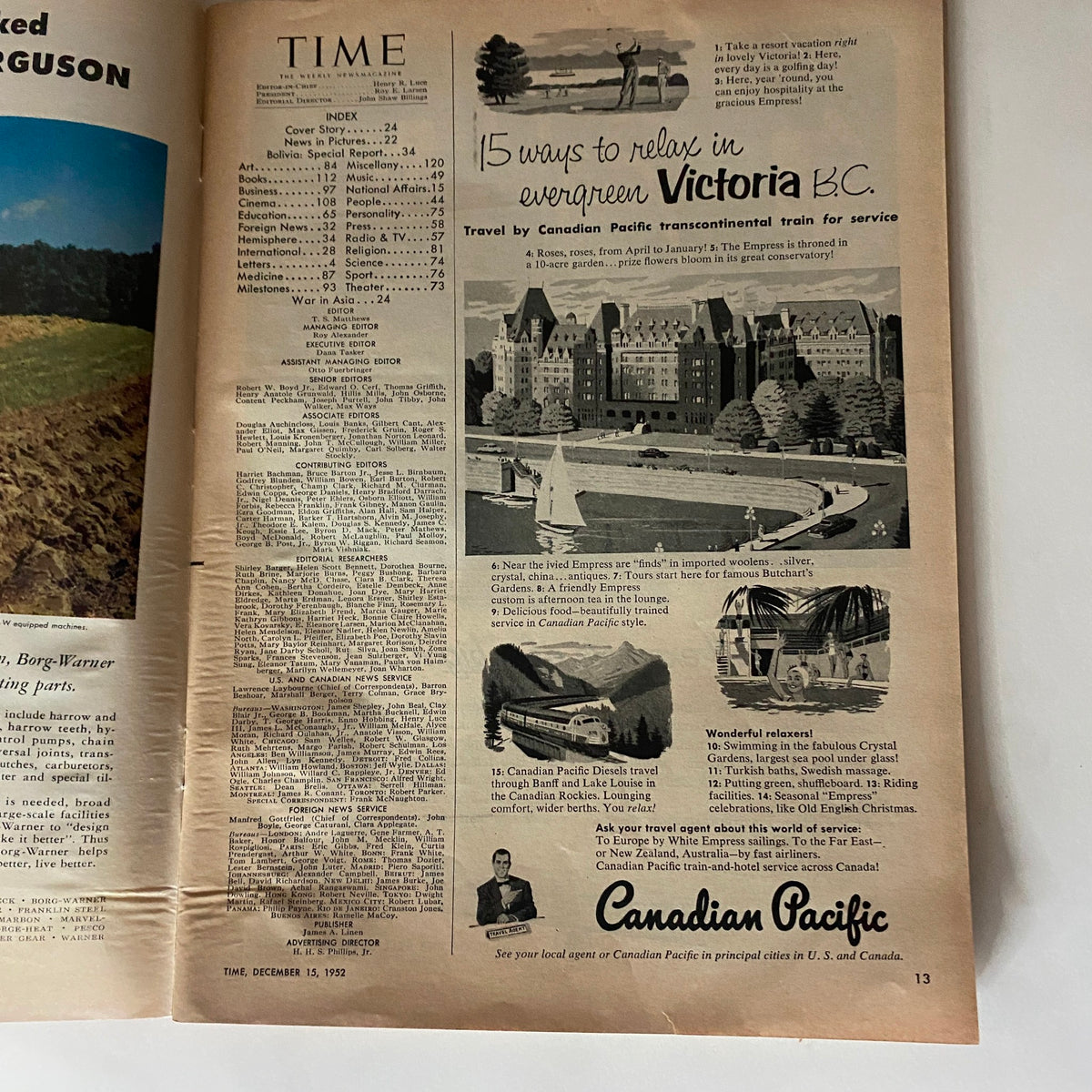 Inside page of the VTG Time Magazine December 15, 1952, featuring an advertisement for Canadian Pacific travel, enhancing the historical context of Volume 60, Number 24.