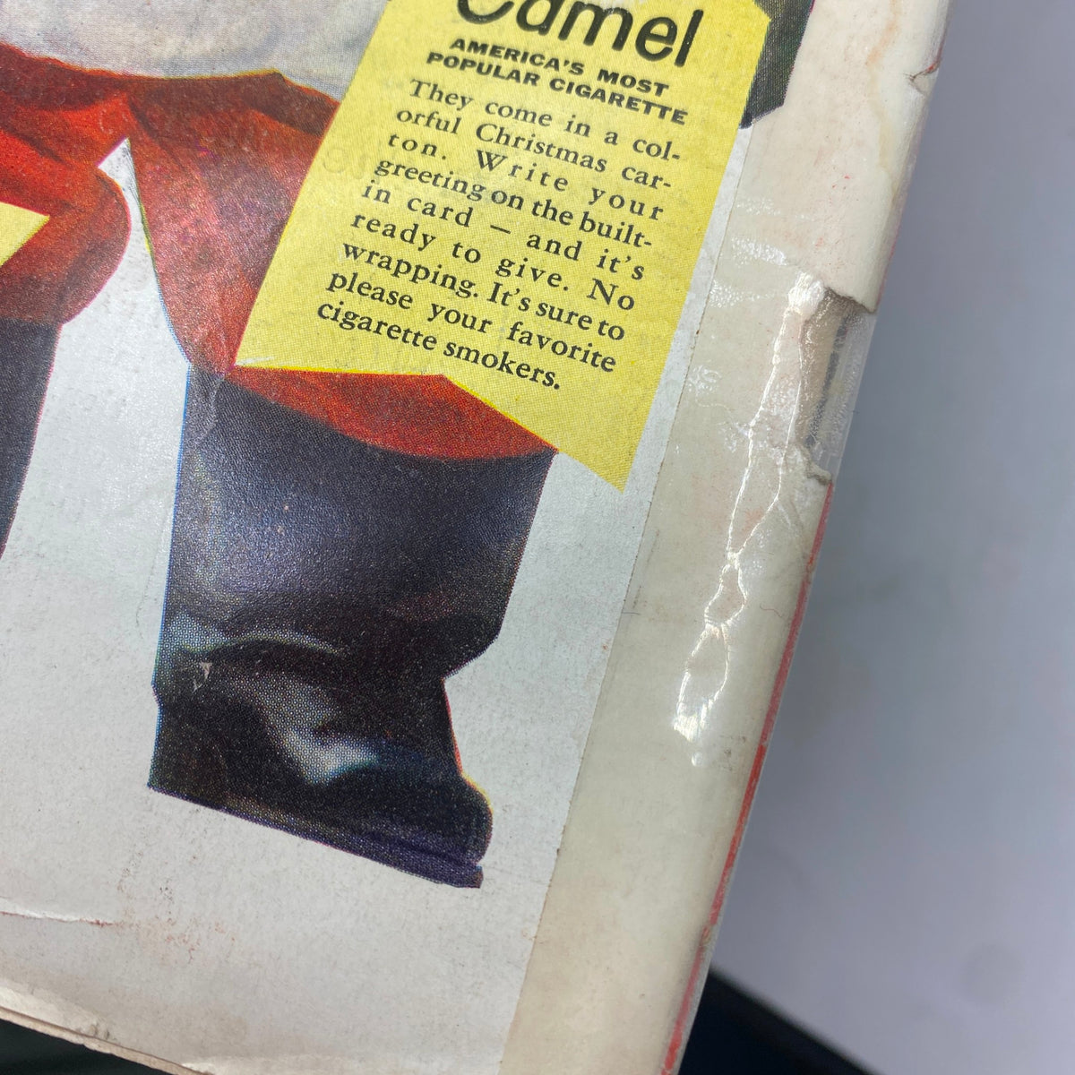 Close-up of vintage Time Magazine advertisement showing Camel cigarette gift packaging with Santa Claus, December 15, 1952, Vol 60 No. 24.