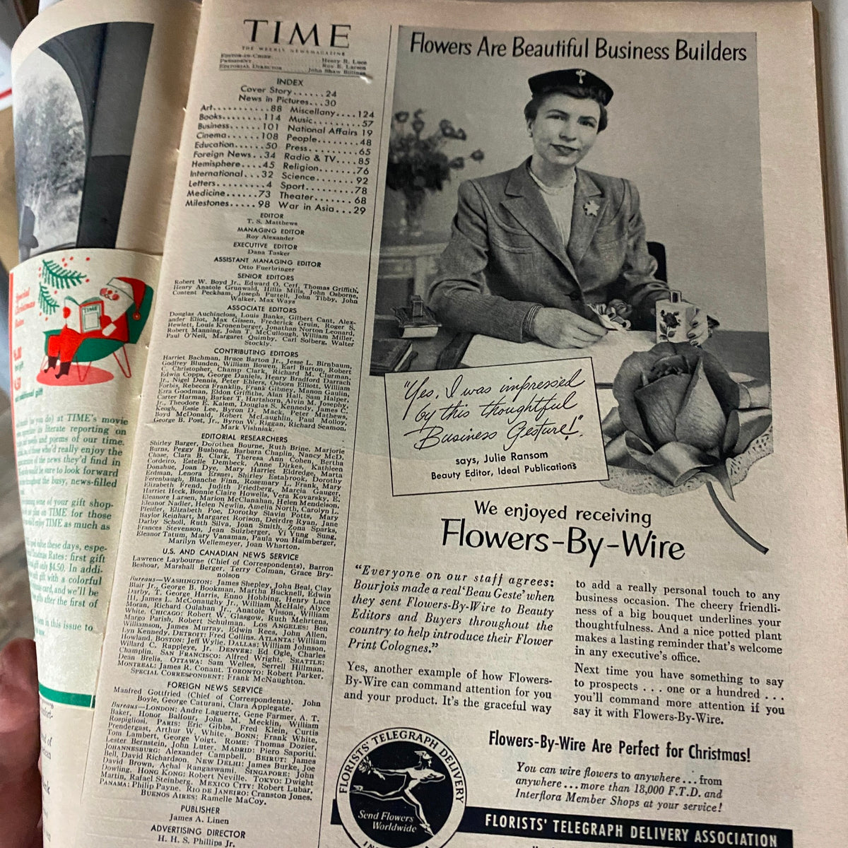 Inside page of VTG Time Magazine November 24, 1952 displaying the magazine index and an advertisement for Flowers-By-Wire.