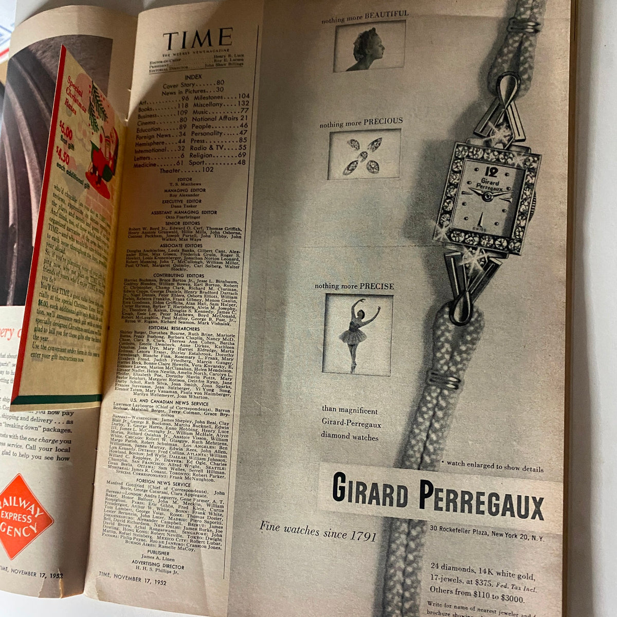 Ad page from VTG Time Magazine November 17, 1952 containing an advertisement for Girard Perregaux diamond watches.