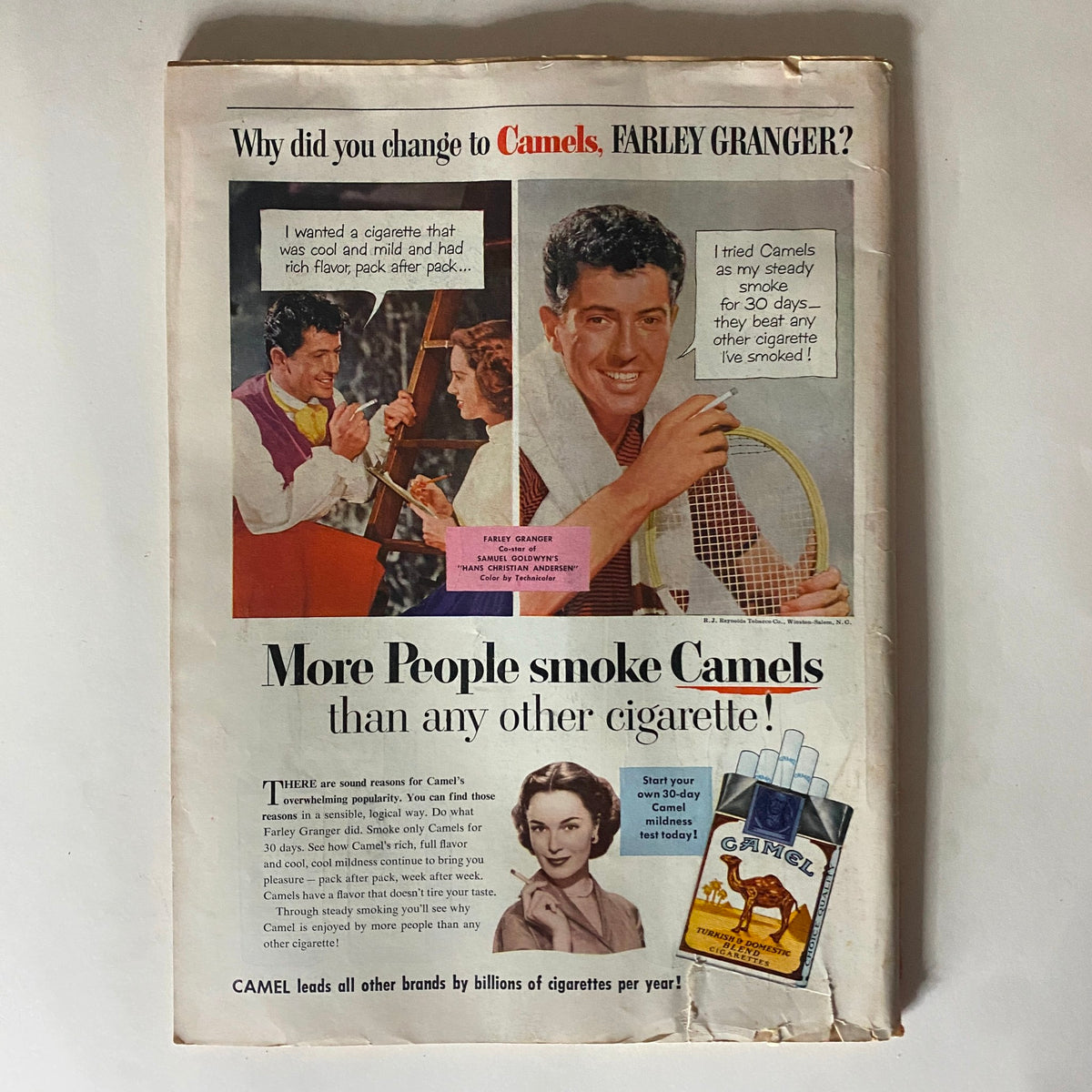 Vintage advertisement featuring Farley Granger promoting Camel cigarettes in a nostalgic illustration from the November 17, 1952 issue of Time Magazine, Volume 60, No. 20.